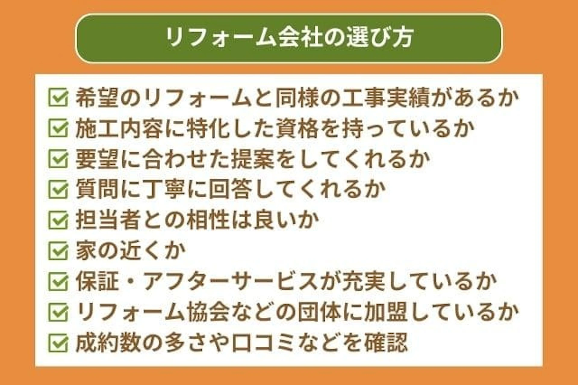 リフォーム会社の選び方 希望のリフォームと同様の工事実績があるか、施工内容に特化した資格を持っているか、要望に合わせた提案をしてくれるか、質問に丁寧に回答してくれるか、 担当者との相性は良いか、家の近くか、保証・アフターサービスが充実しているか、リフォーム協会などの団体に加盟しているか、 成約数の多さや口コミなどを確認