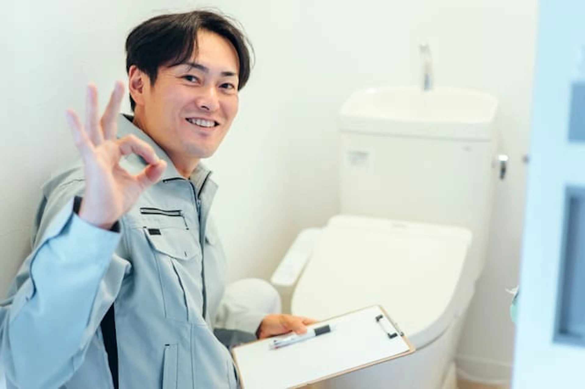 トイレを点検をする男性作業員の写真