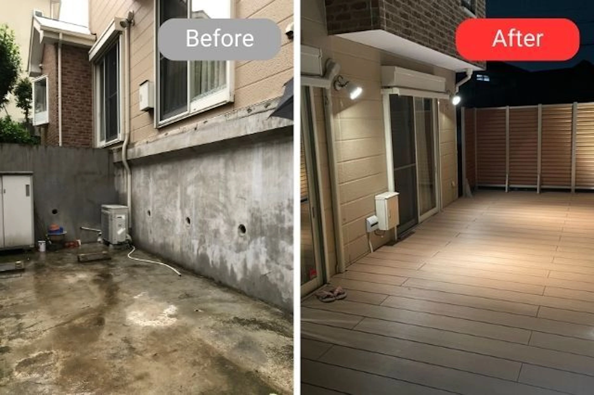 事例1: おしゃれなウッドデッキのアウトドアリビング