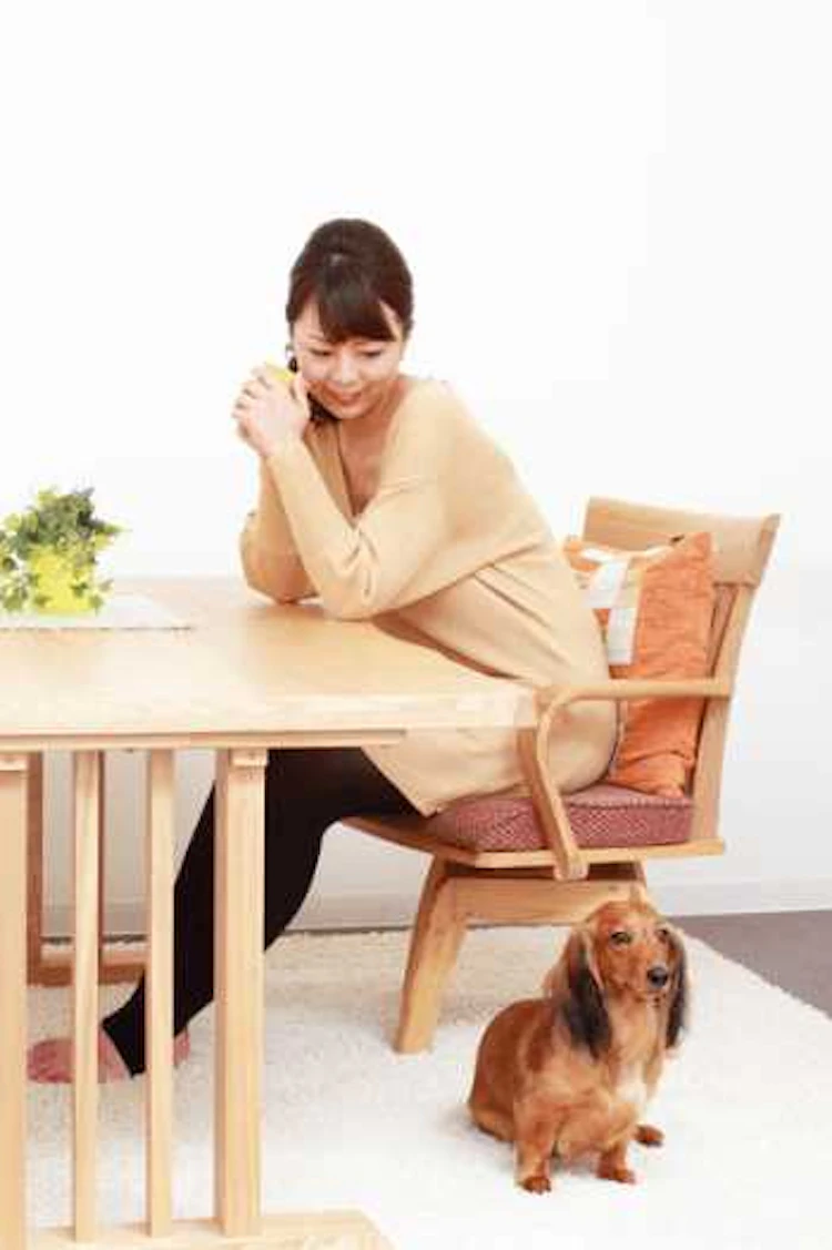 足元に犬がいて、ダイニングに女性が座っている