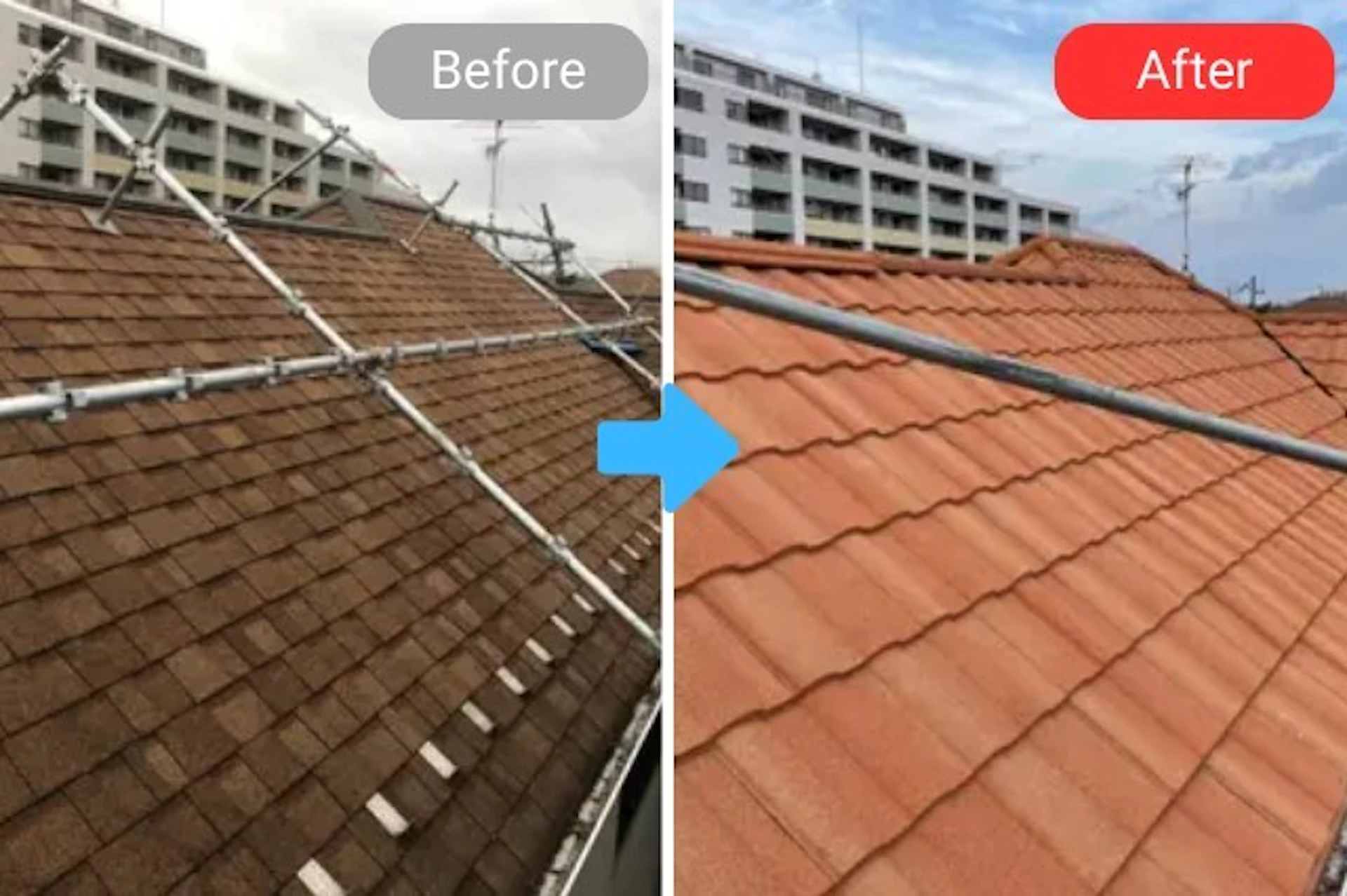 屋根カバー工法リフォームの施工例。シングル屋根を、カバー工法でジンカリウム屋根に