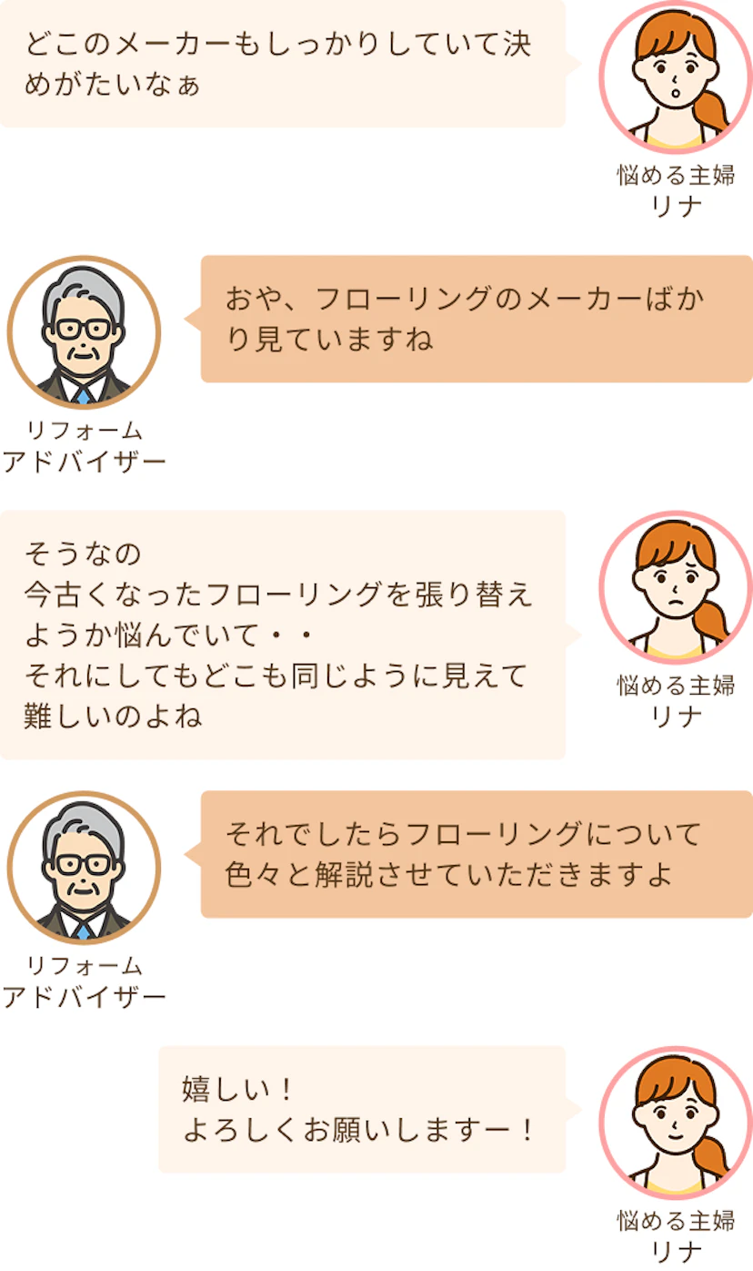 古くなったフローリングを張り替えるのにメーカーを見ているけど決められない主婦のリナとフローリングについて解説するというアドバイザー