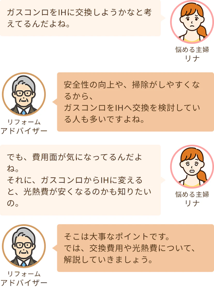 ガスコンロをIHに交換しようと思っているという主婦リナと安全性の向上や掃除のしやすさで良いですねというアドバイザー