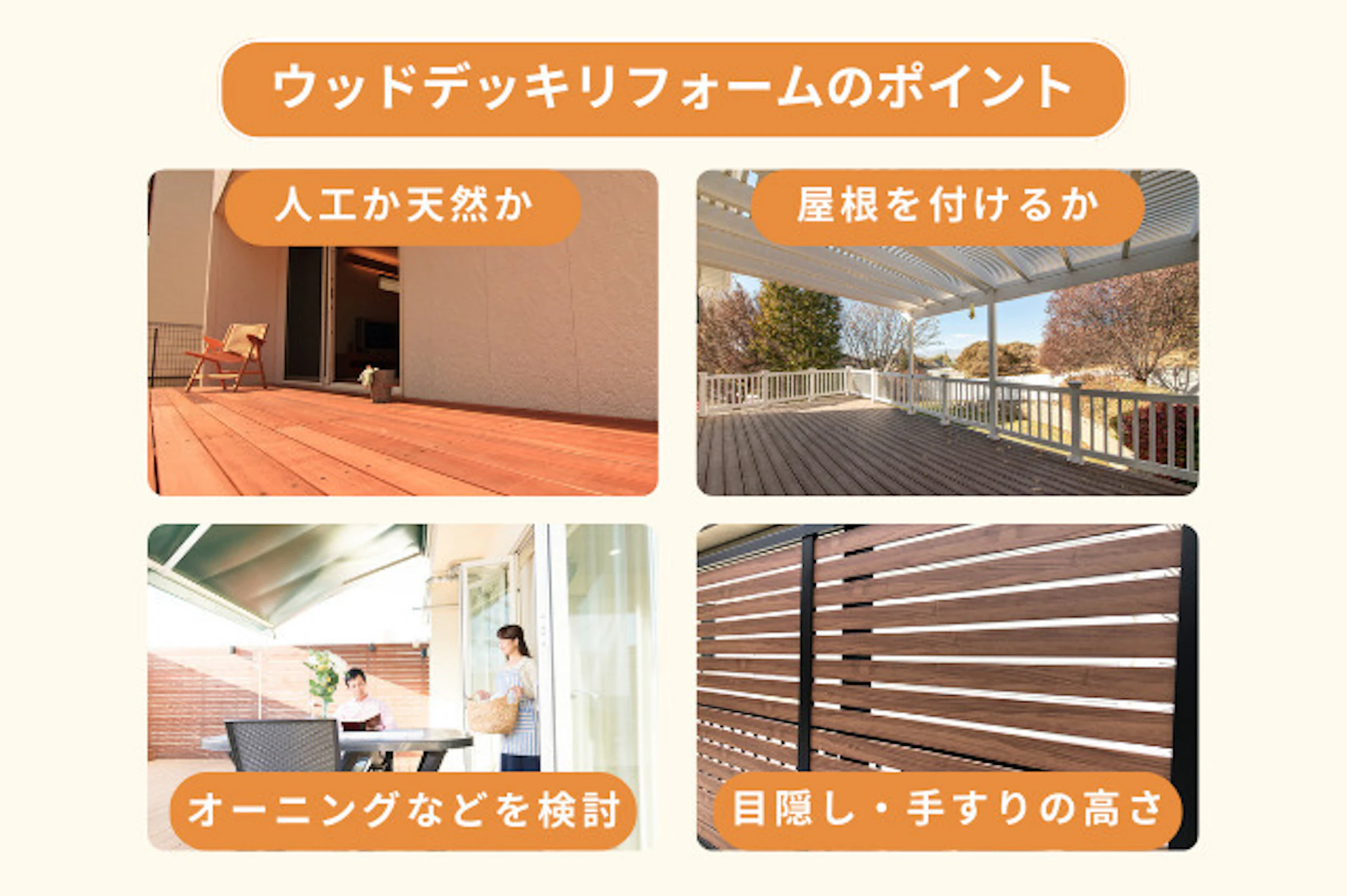 ウッドデッキリフォームのポイント 屋根を付けるか 人工か天然か 目隠し・手すりの高さ オーニングなどを検討