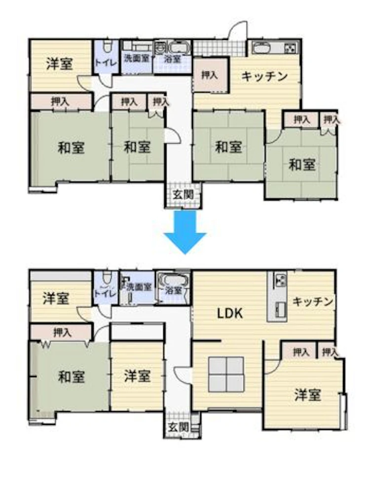 開放的なLDKに梁が見える家