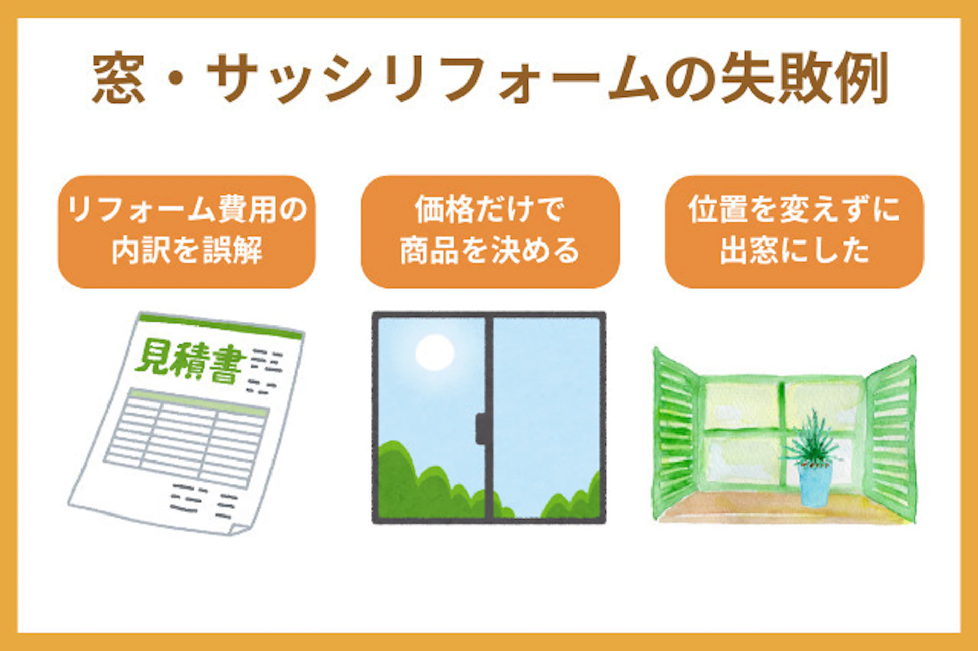 窓・サッシリフォームの失敗例：リフォーム費用の内訳を誤解、価格だけで商品を決める、位置を変えずに出窓にした