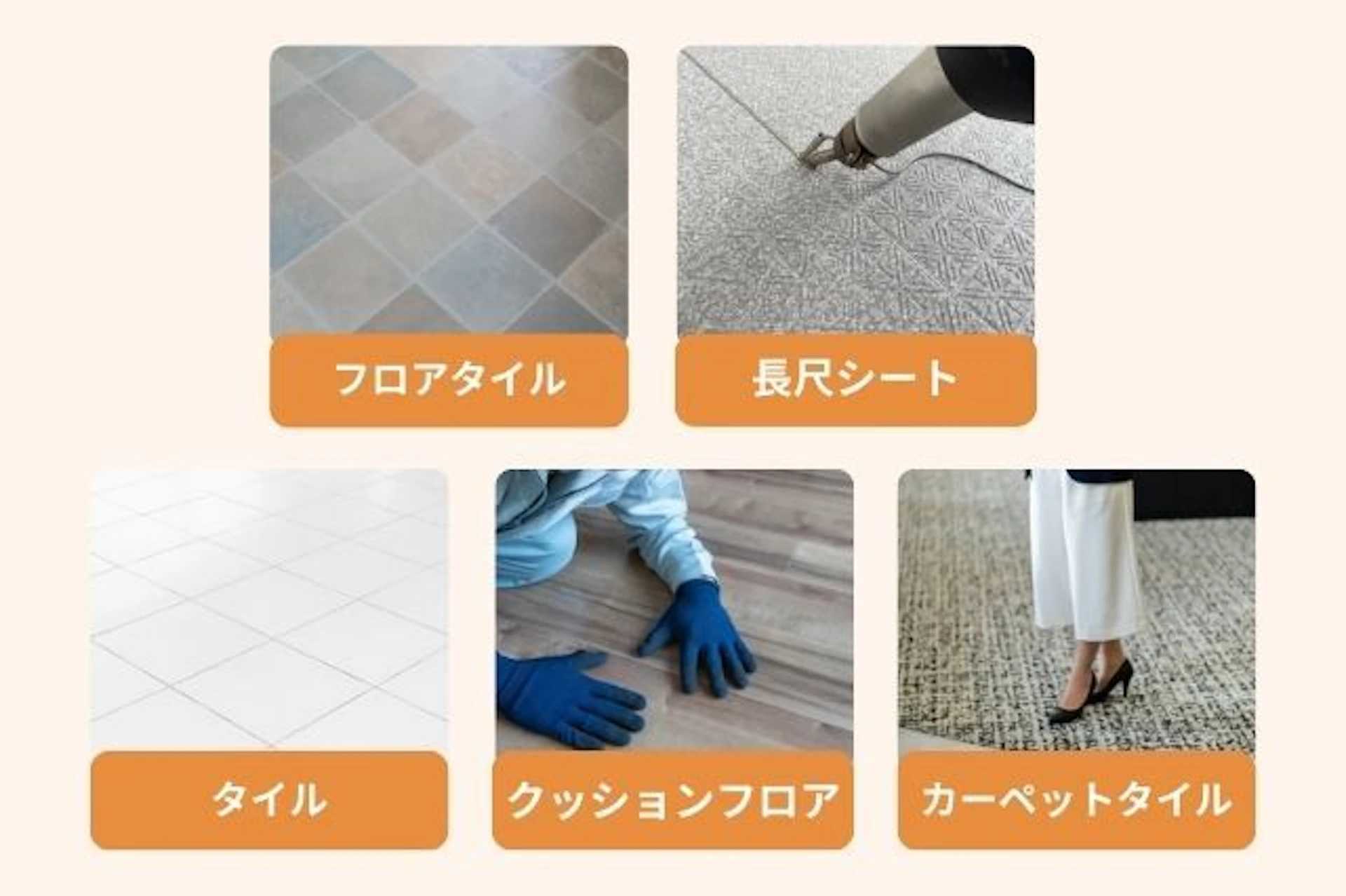 飲食店に向いている床材の種類としては、フロアタイル、長尺シート、タイル、クッションフロア、カーペットタイルなどがある