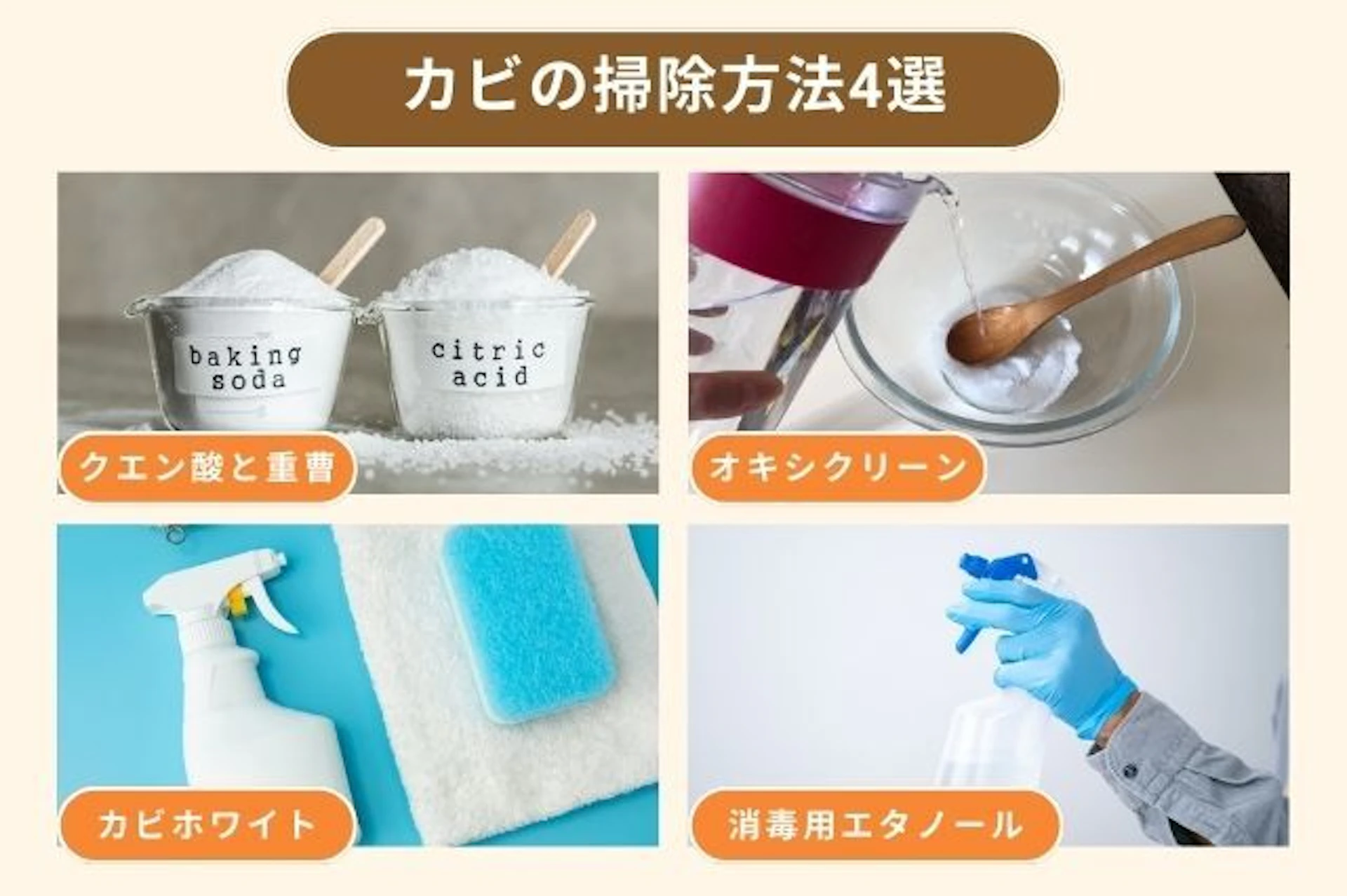 壁紙に発生したカビの落とし方・掃除方法4選 クエン酸と重曹 オキシクリーン カビホワイト 消毒用エタノール