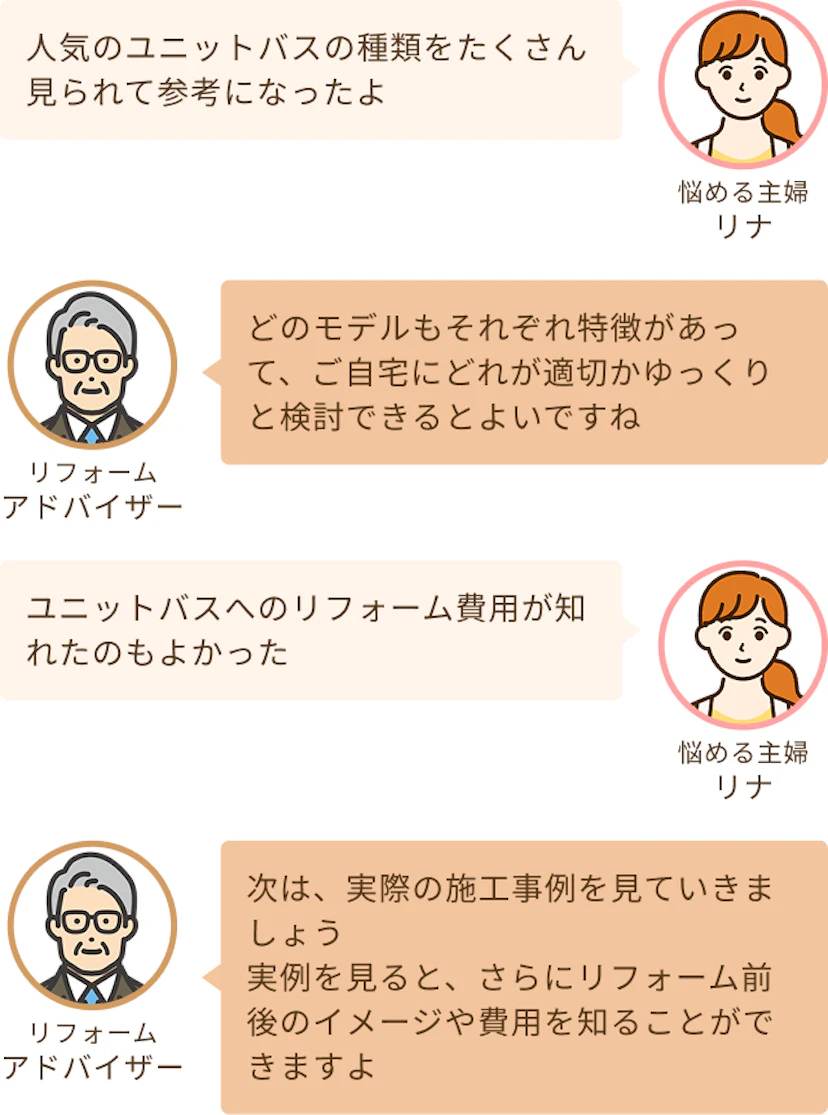ユニットバスへのリフォーム費用がしれたことが良かったわというリナとどのモデルも特徴がそれぞれあってどれが自宅に合うかが検討できるといいですねというアドバイザー