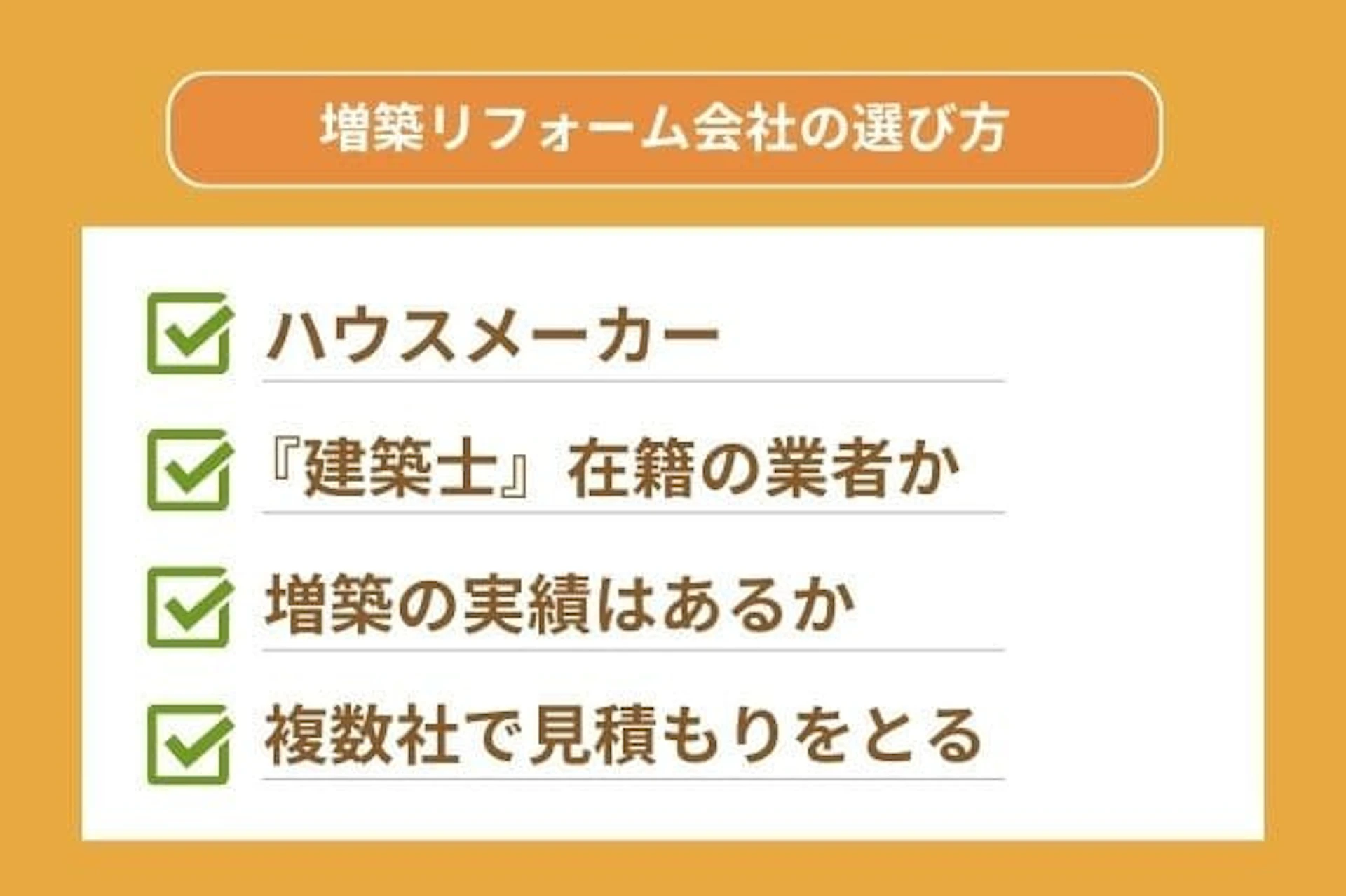 増築リフォーム会社の選び方、ハウスメーカー・建築士在籍の業者か・増築の実績はあるか・複数社で見積もりをとる