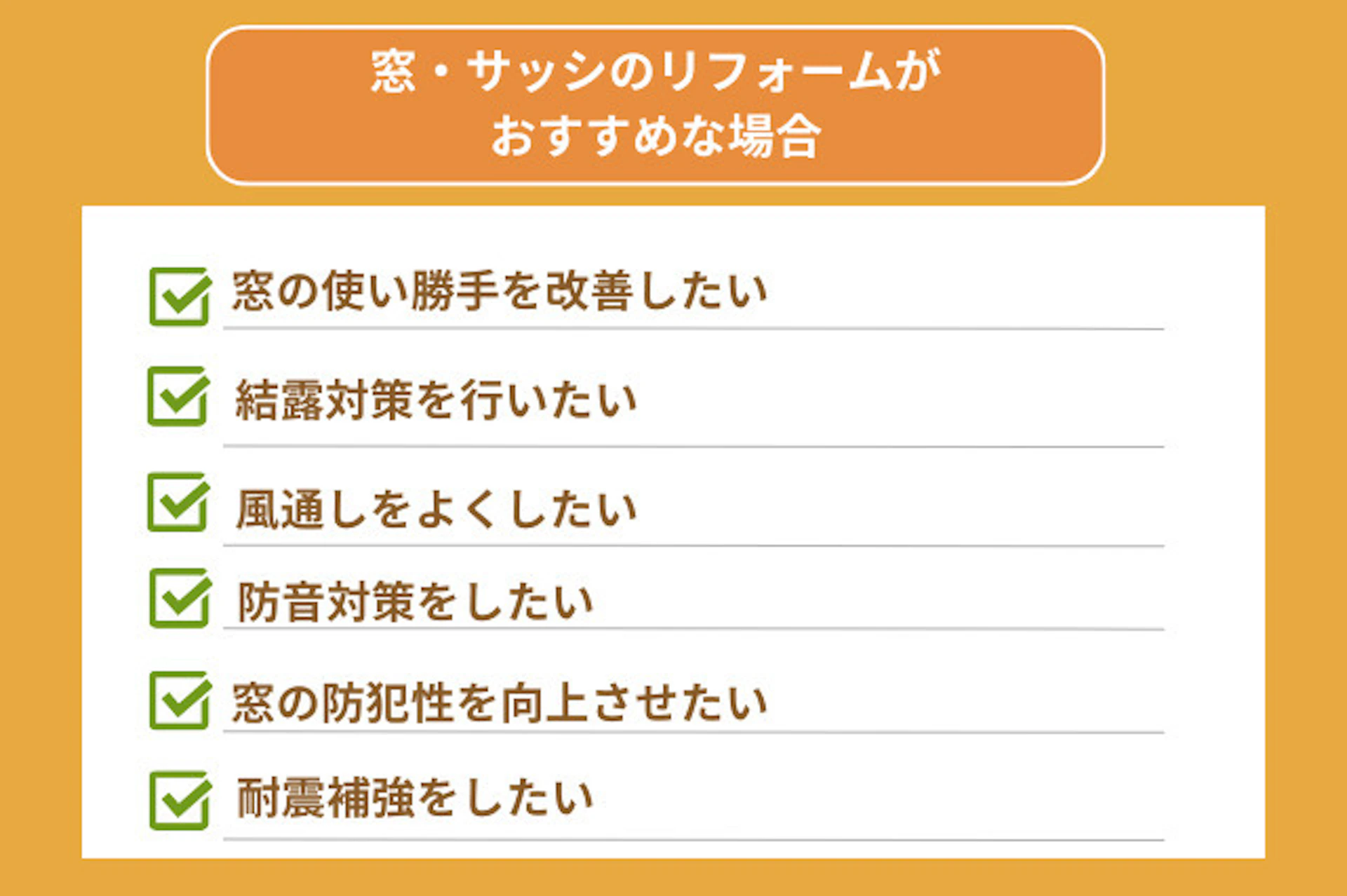 窓・サッシリフォームがおすすめの場合、窓の使い勝手を改善したい、結露対策を行いたい、風通しをよくしたい、防音対策をしたい、窓の防犯性を向上させたい、耐震補強をしたい