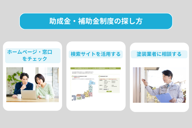 外壁塗装が対象の助成金・補助金の探し方として、自治体のホームページや窓口をチェックする方法・検索サイトを活用する方法・塗装業者に相談する方法がある。