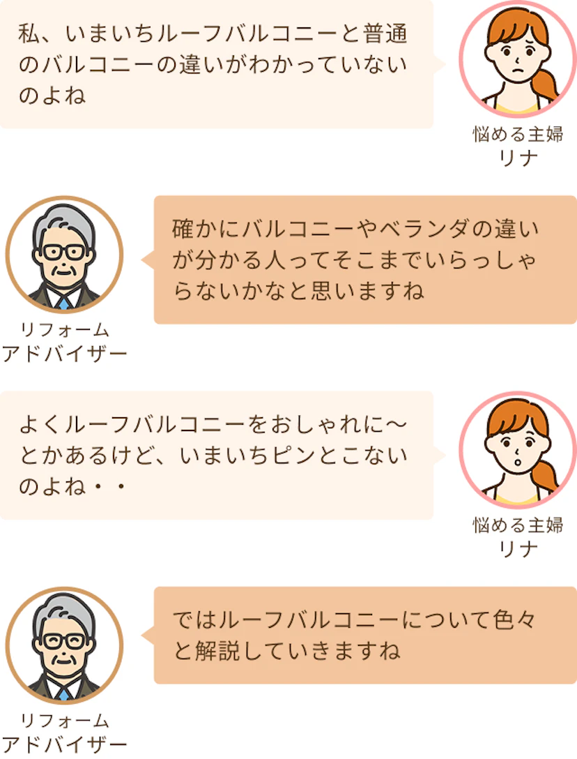 ルーフバルコニーと普通のバルコニーの違いがわかっていないという主婦のリナと違いについて解説していくというアドバイザー