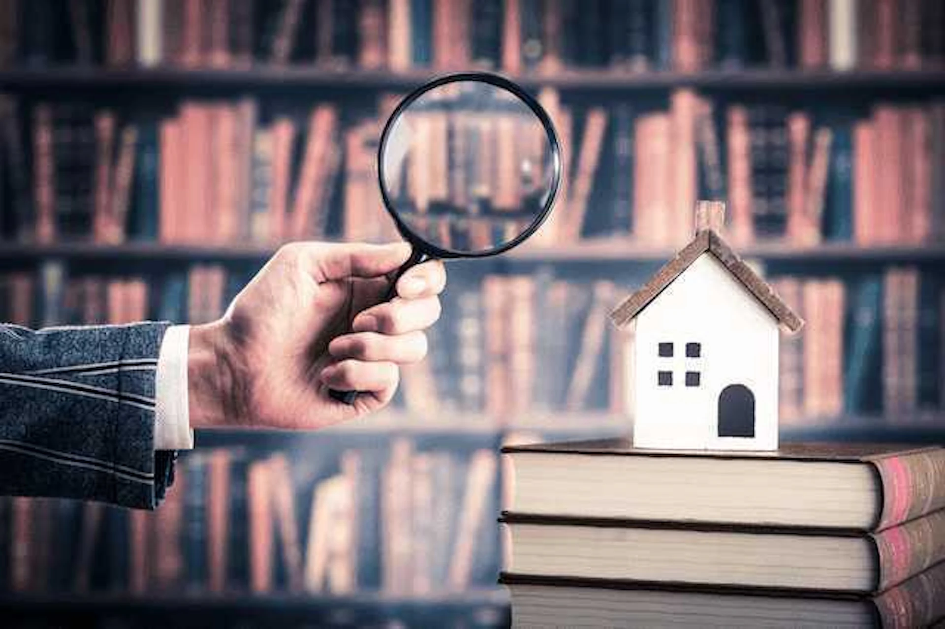 本棚の前に虫眼鏡を持っている手