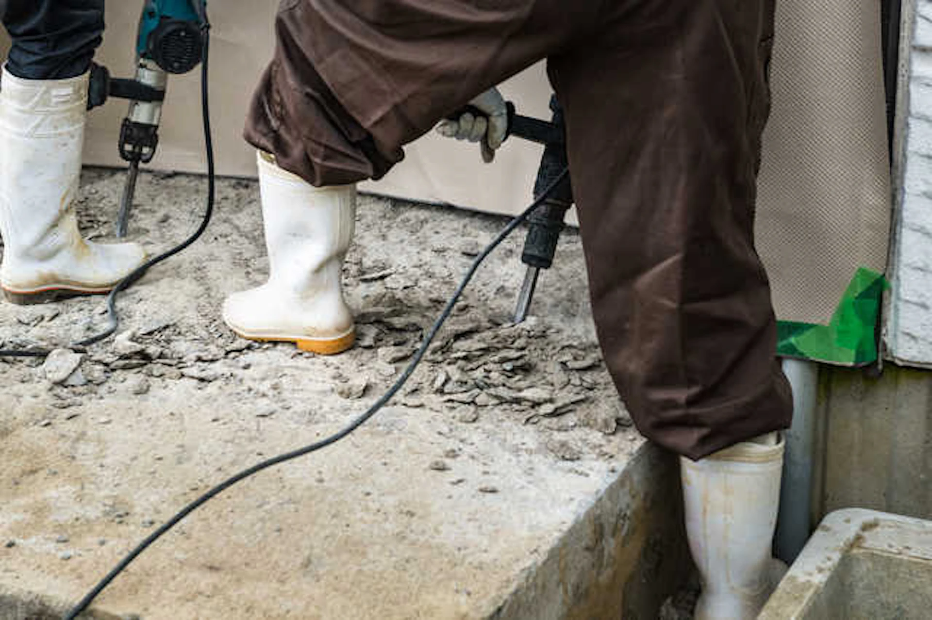 コンクリートの段差を機械で壊す白い靴を履いた二人の作業員の男性の足元