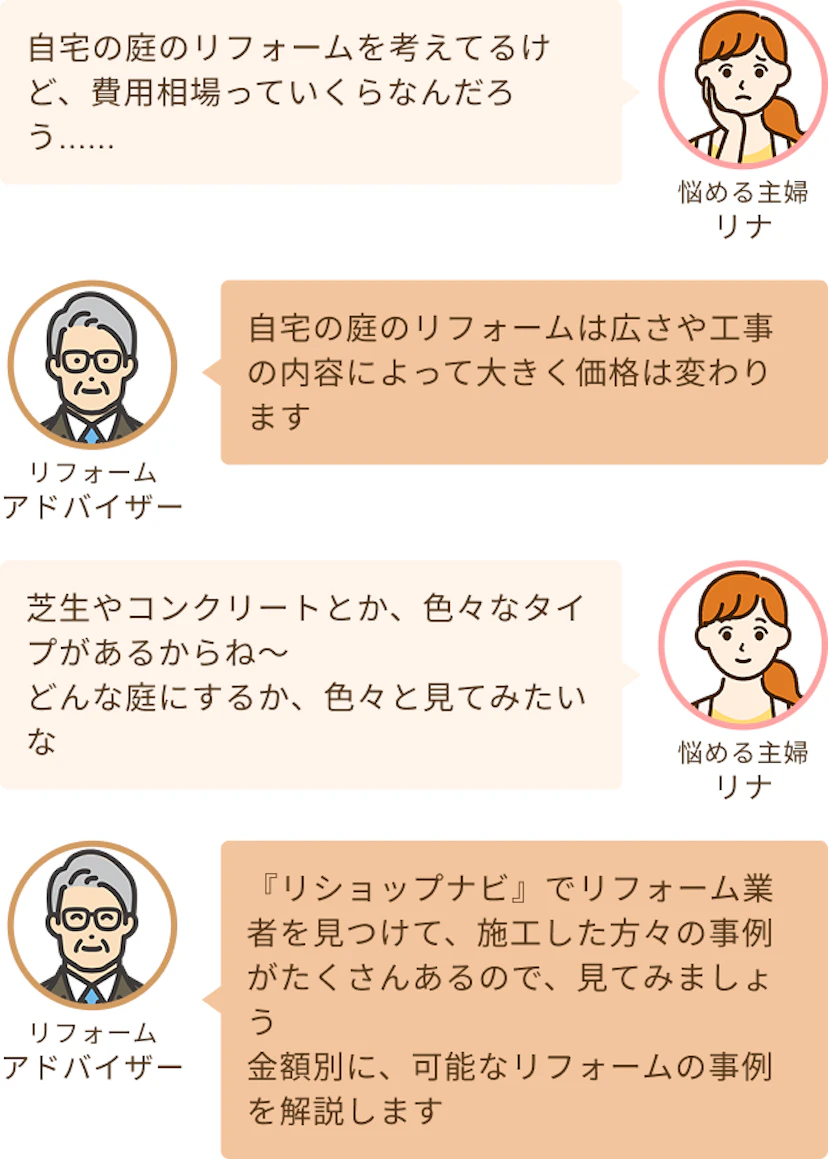 庭リフォームを考えているけど相場っていくらくらいか知りたい主婦リナと広さや工事内容によって大きく変わるというアドバイザー