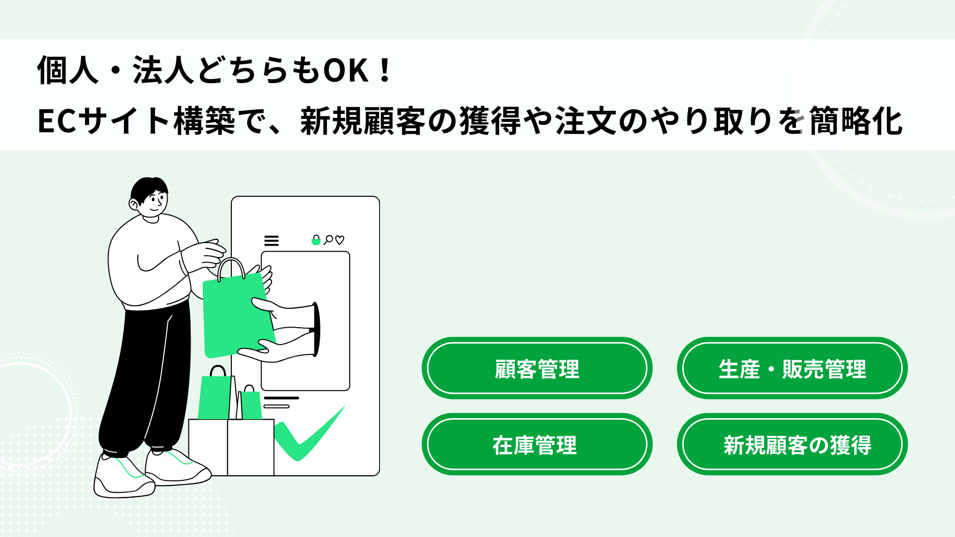 個人・法人どちらもOK！ECサイト構築で、新規顧客の獲得や注文のやり取りを簡略化