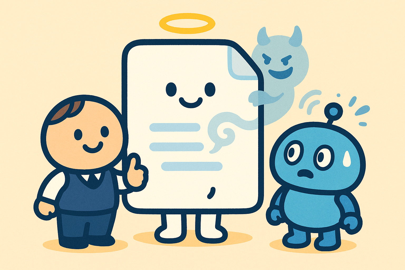 天使の顔をした書類の裏に、AIにだけ見える小鬼が潜んで囁いているイラスト。