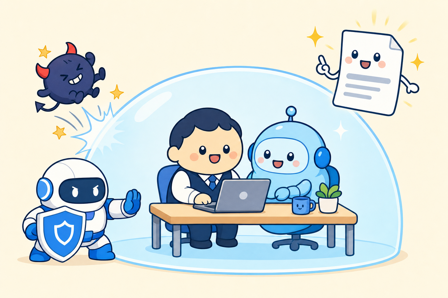 構造で対策するイメージ。危ない操作は設定の層が自動でブロックし、薄くなった文書は判断のしかただけを教える