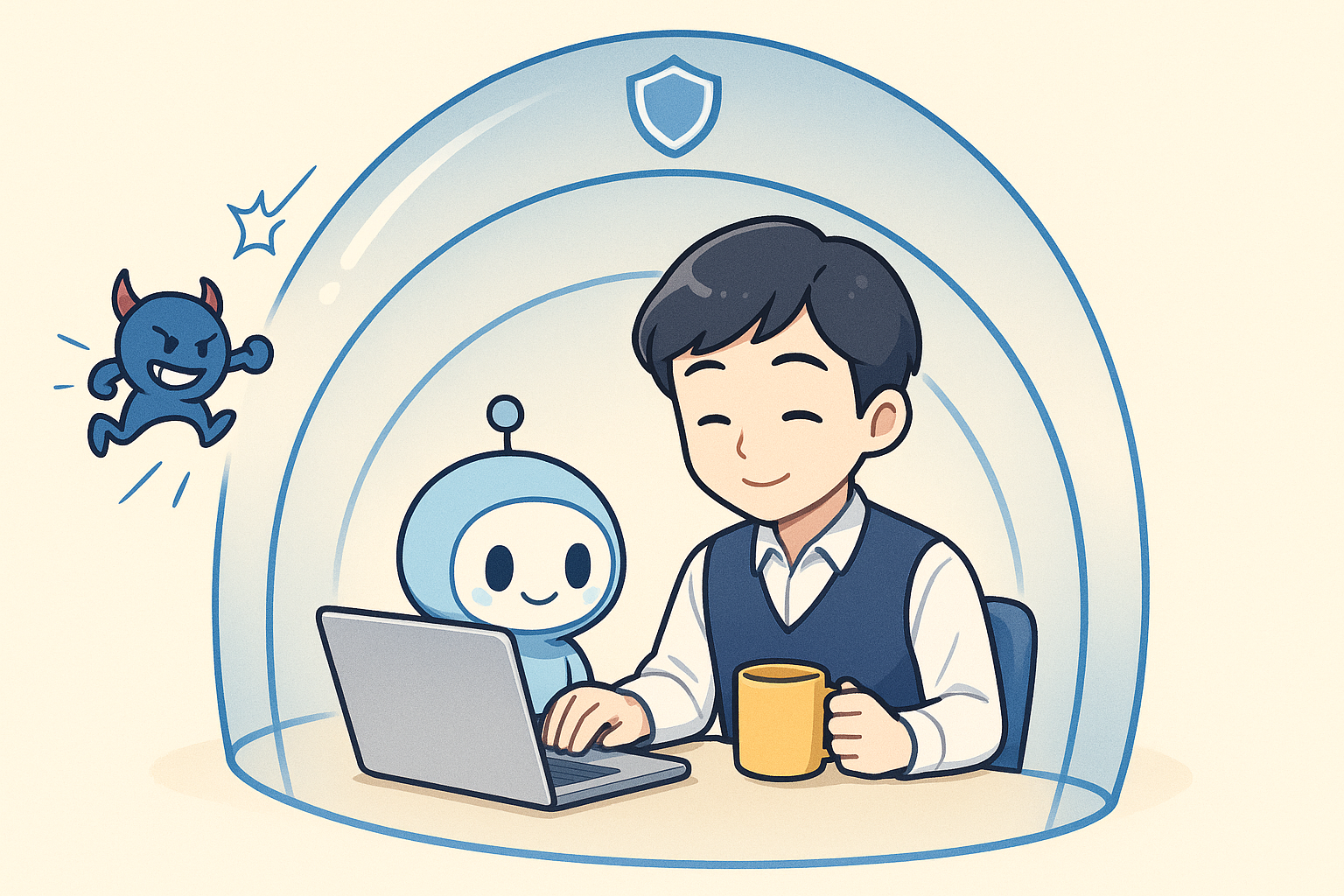 幾重もの層に守られて、働き手とAIロボットが安心してのびのび仕事をしているシーン。危ないものは下の層が自動ではじき、本人は気づきもしない