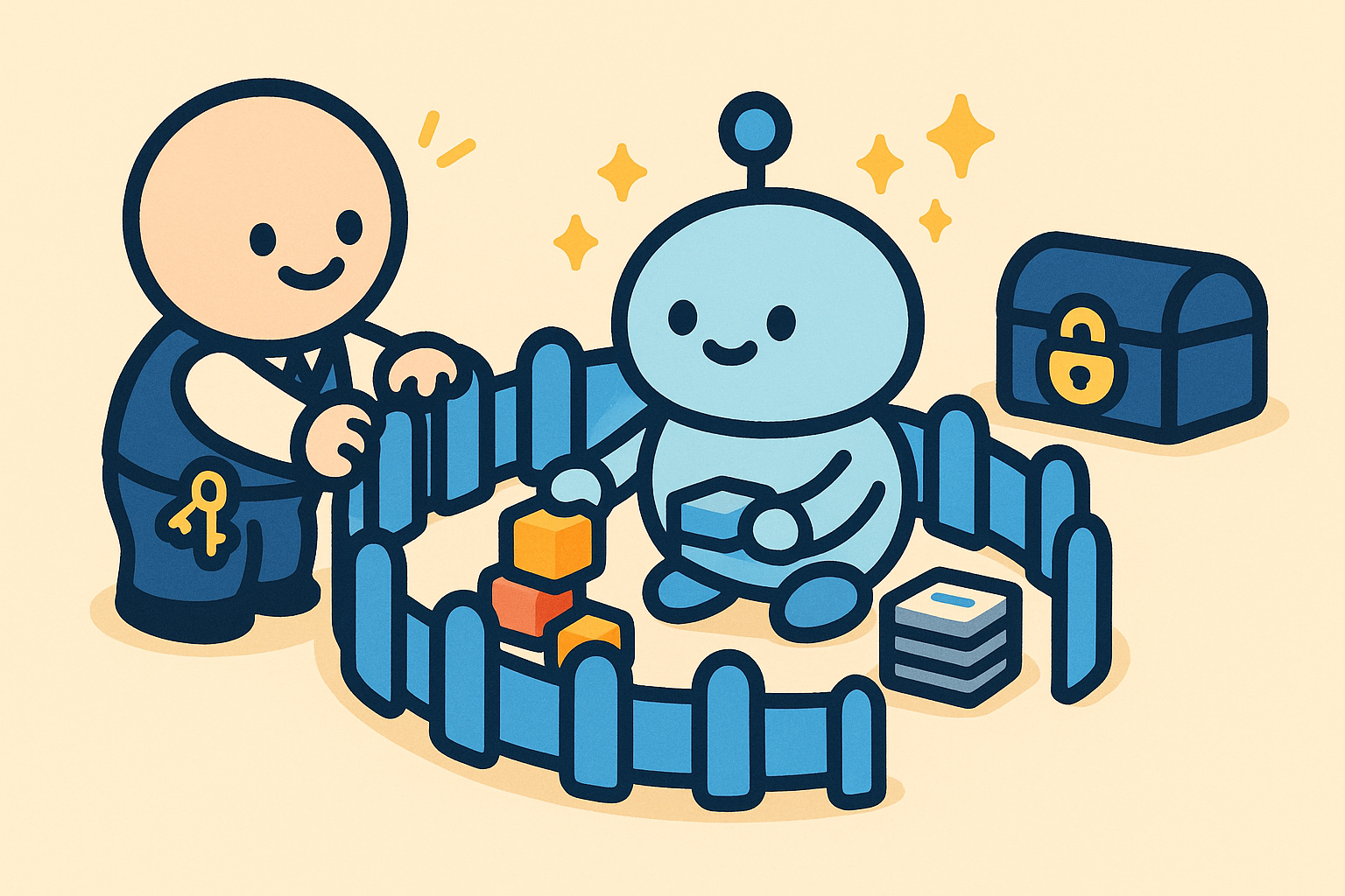 柵で囲ったサンドボックスの中で働くAIロボットと、鍵束を自分のベルトに付けた社員のイラスト。