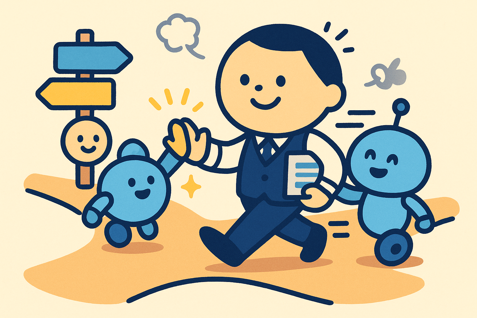 分かれ道を迷わず通り過ぎた社員とAIロボットがハイタッチしているイラスト。