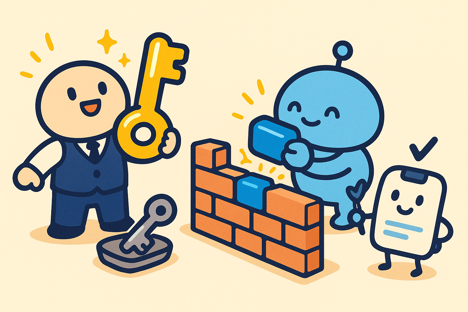 社員が新しい鍵を掲げ、AIロボットが壁の欠けたブロックをはめ直しているイラスト。