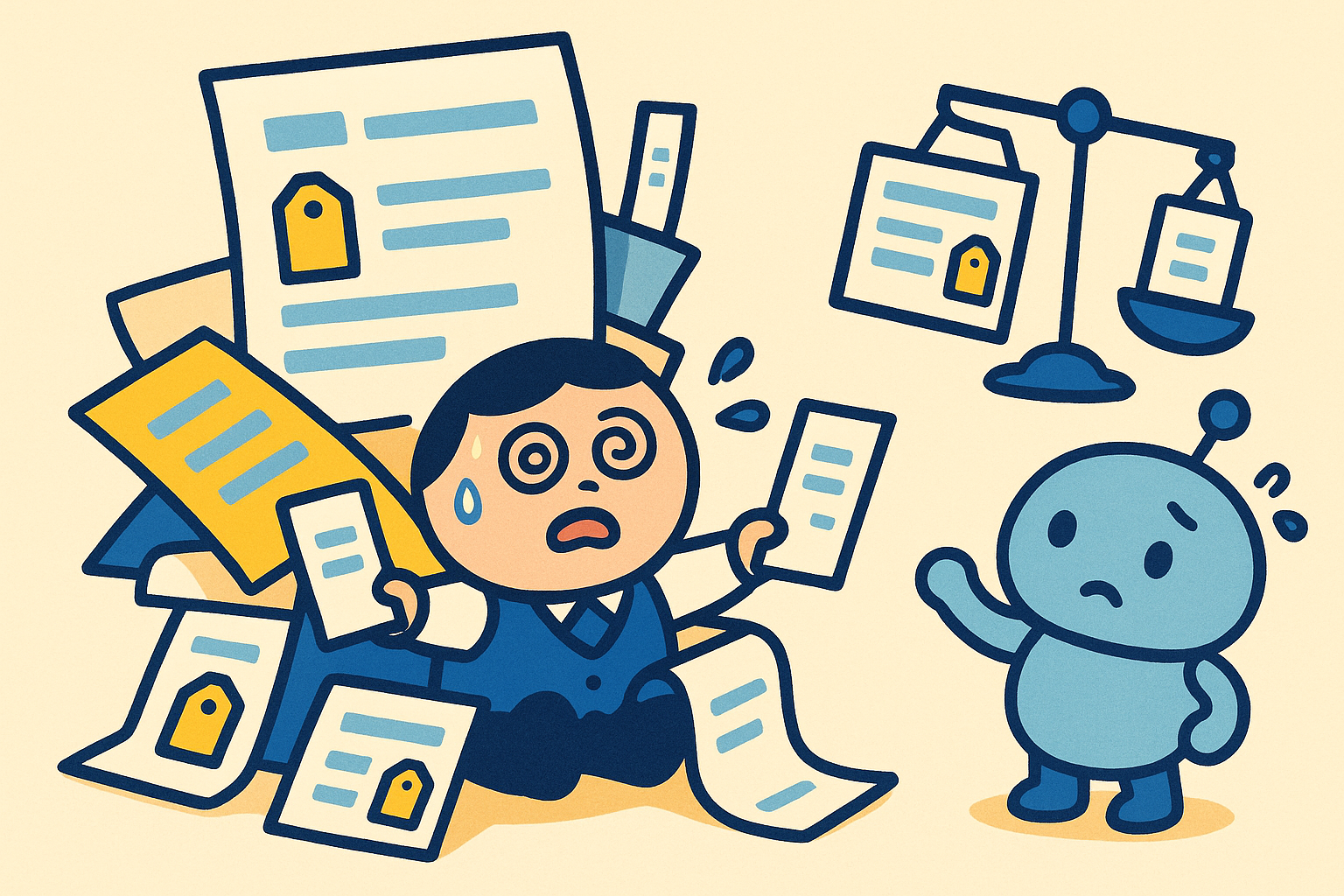 形もサイズもバラバラな見積書の山に埋もれて目を回す社員のイラスト。