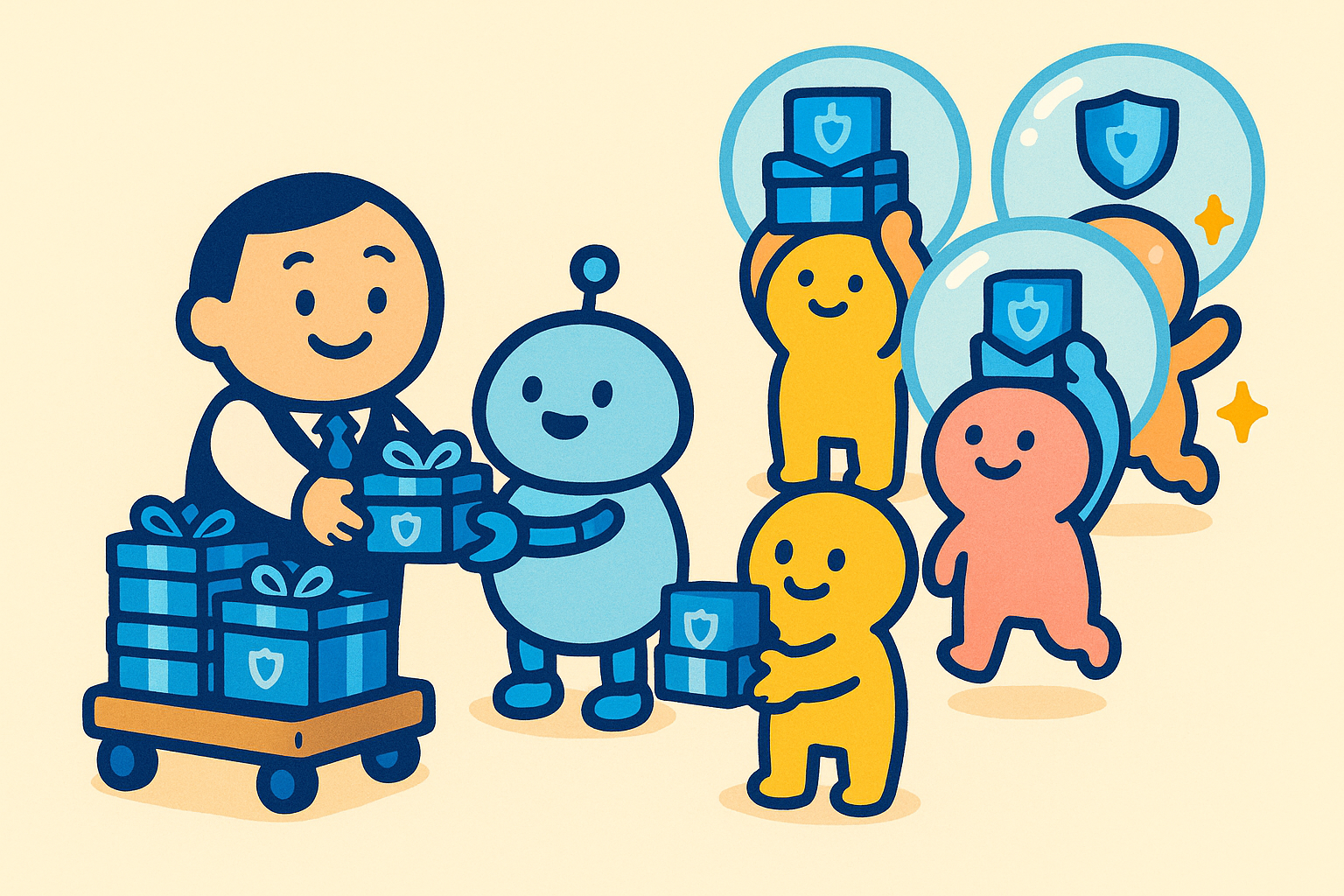 全員に同じ盾のエンブレム付きの箱が配られ、同じ強さのシールドが全員に灯るイラスト。