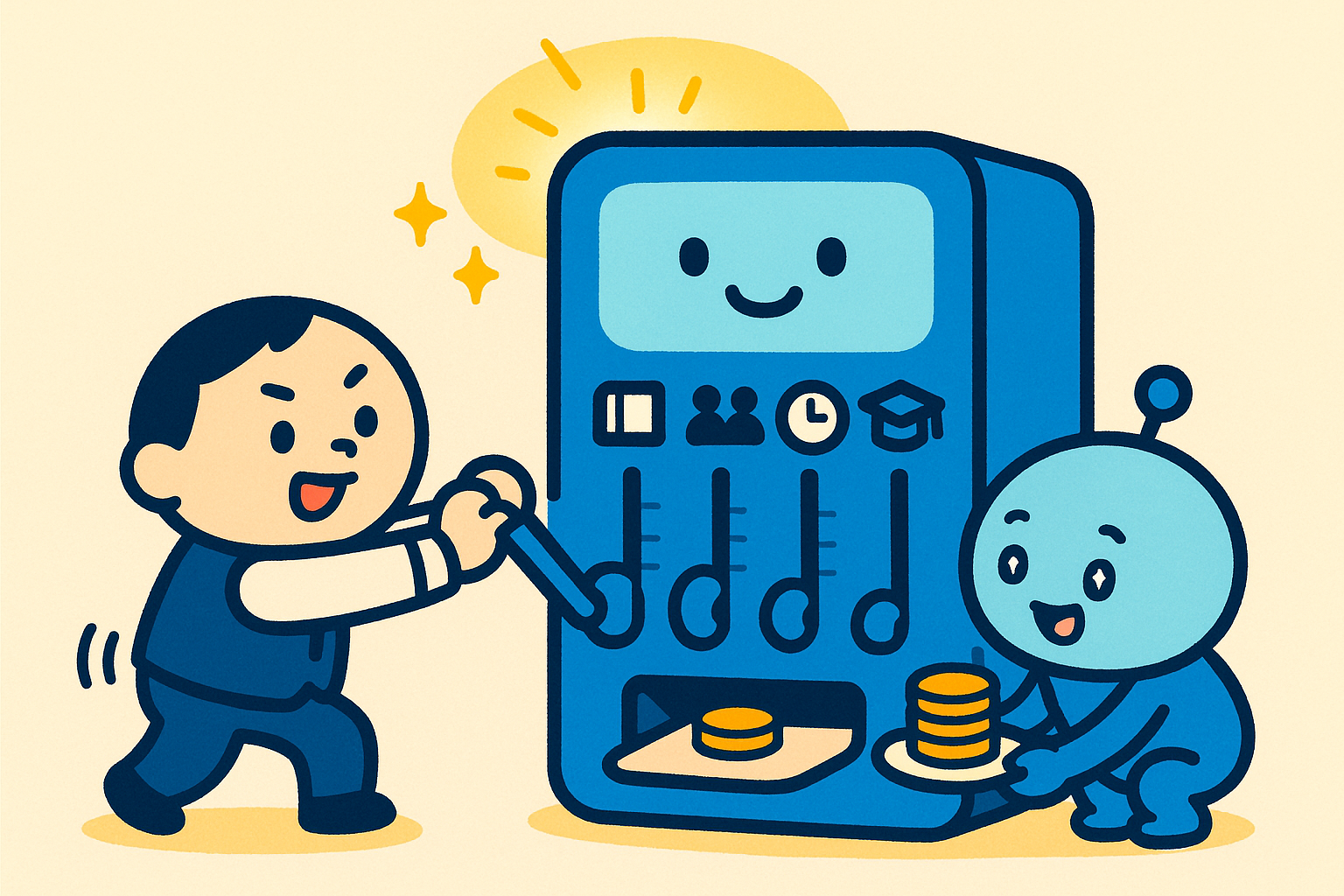 4本のレバーで価格が決まる自動販売機を社員とAIロボットが眺めているイラスト。
