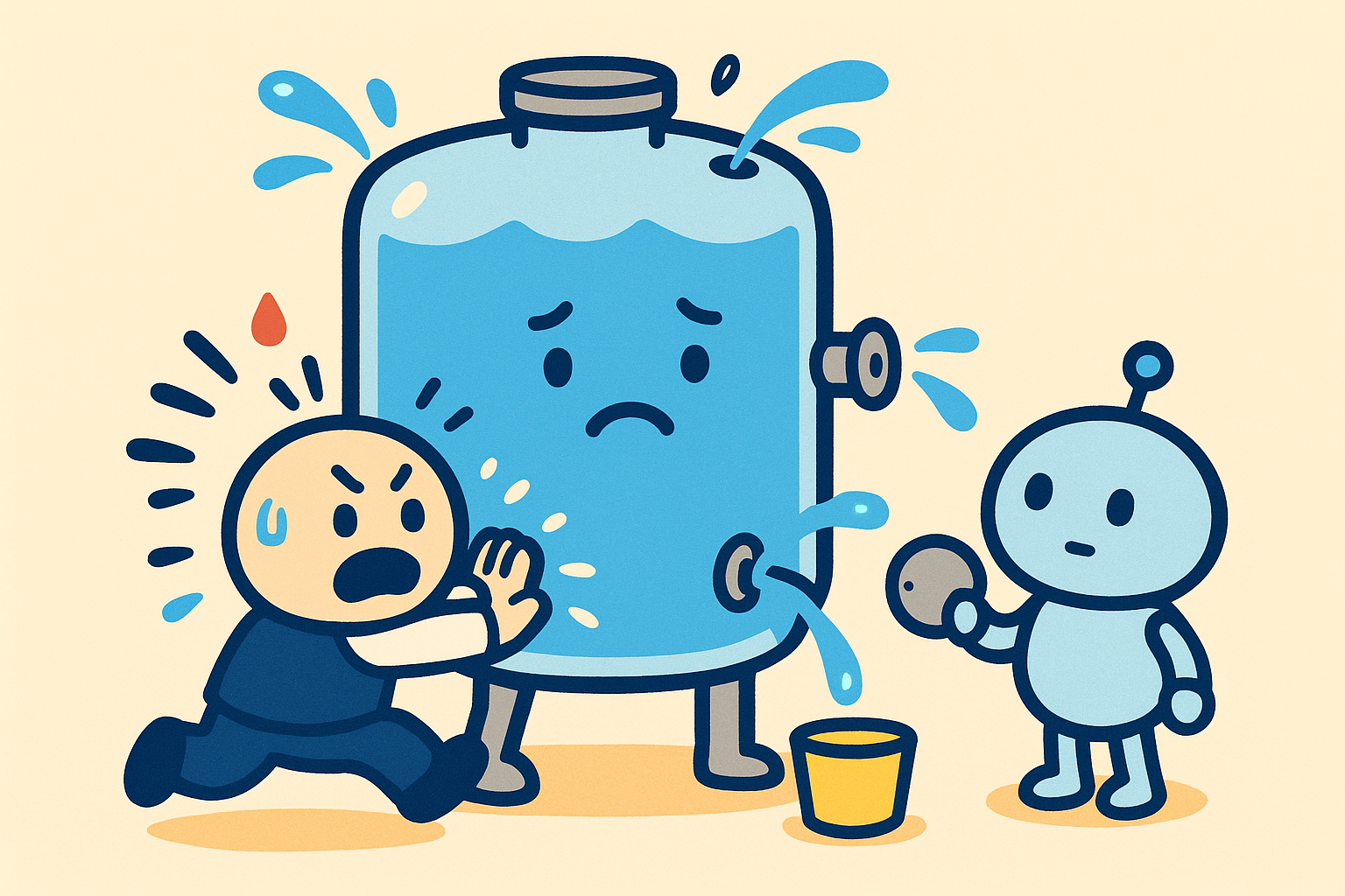 3か所から水が漏れるタンクを社員が必死に塞ぎ、AIロボットと困っているイラスト。