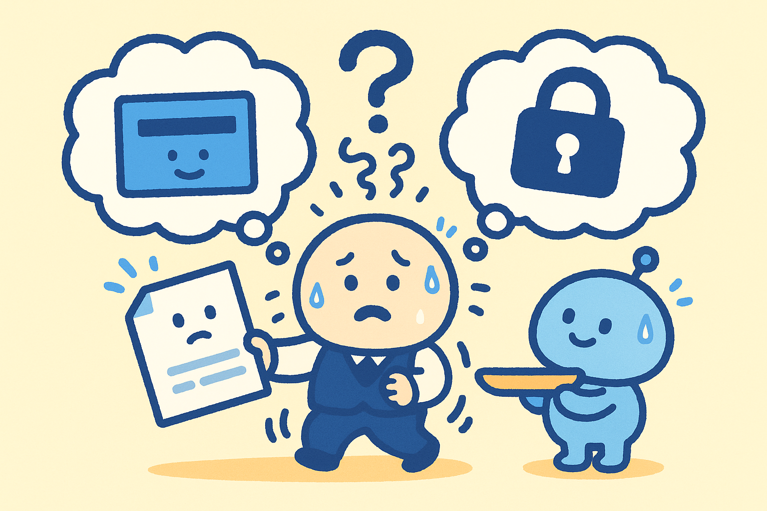 2つの扉の前でどちらに入れるべきか迷って固まっている社員とAIロボットのイラスト。