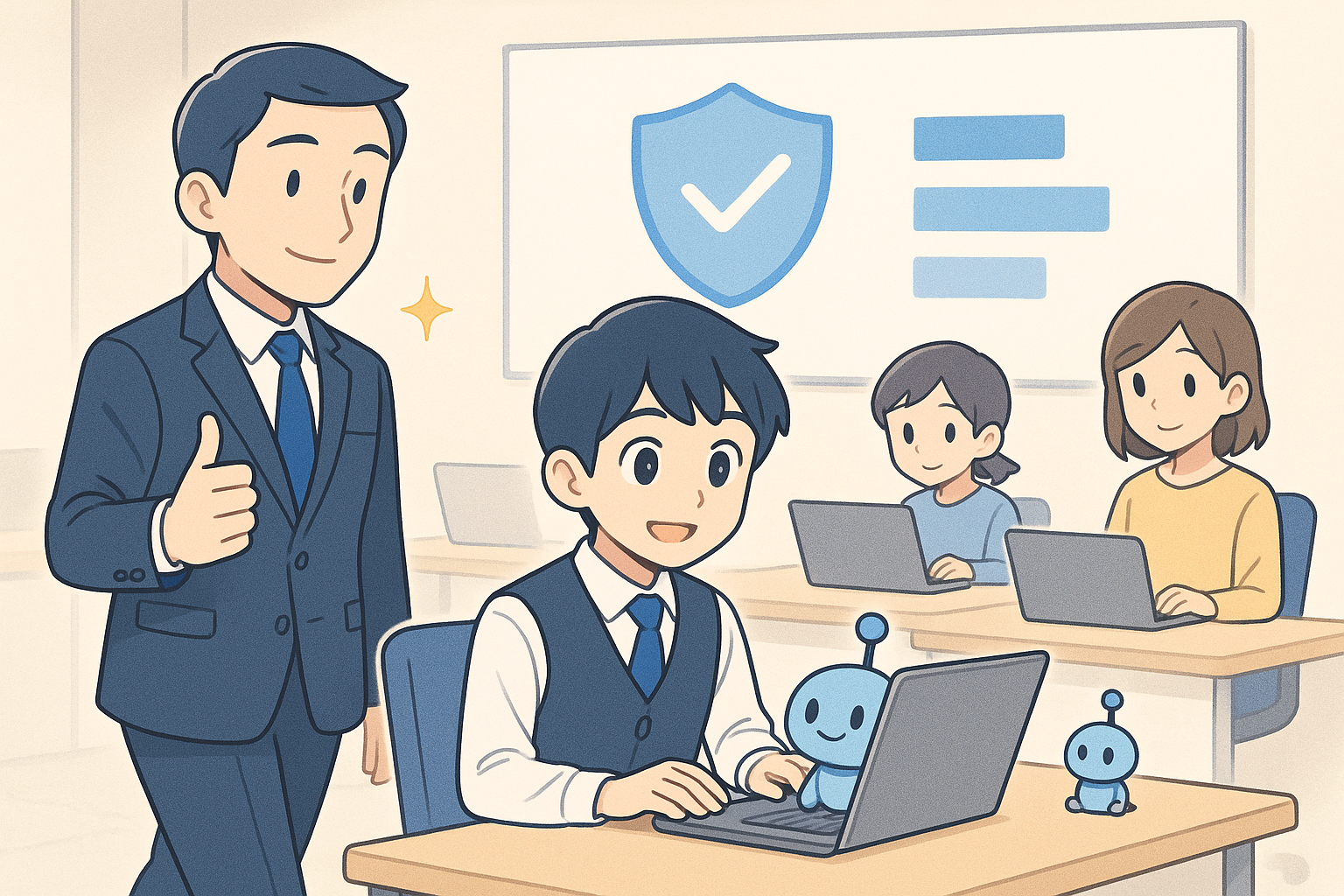 ルールを決めた会社の明るいオフィス。働き手たちがAIロボットと机の上で堂々と一緒に働き、壁には青い盾と決めごとのボードが掲示され、管理職も安心して見守っている