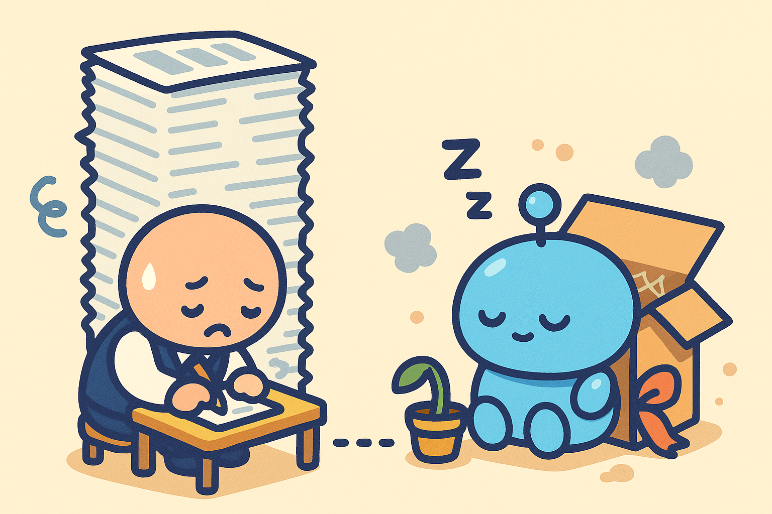 箱に入ったまま眠るAIロボットの横で、社員が紙の山の手作業に戻っているイラスト。