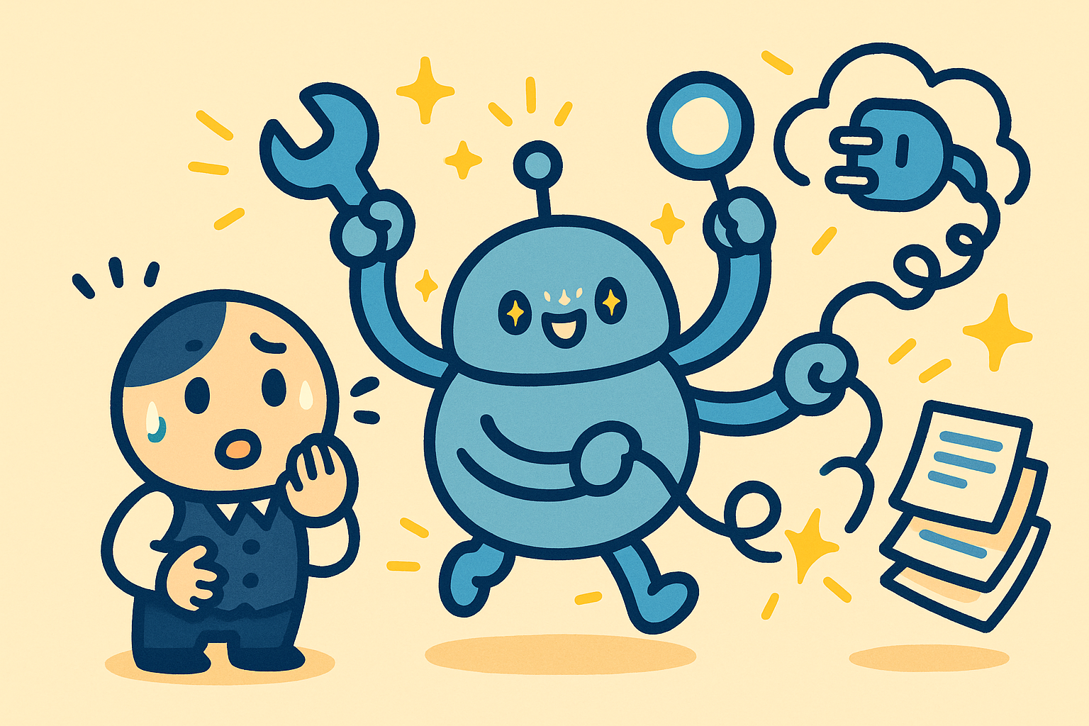 3本の腕で同時に作業するAIロボットを、社員が感心半分・冷や汗半分で見ているイラスト。