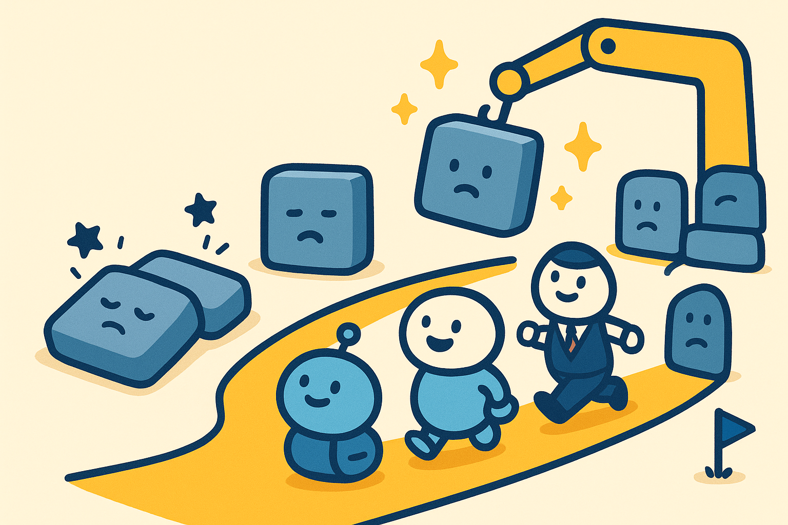 道を塞ぐ4つの利用障壁が1つずつ撤去され、社員とAIロボットが先へ進むイラスト。