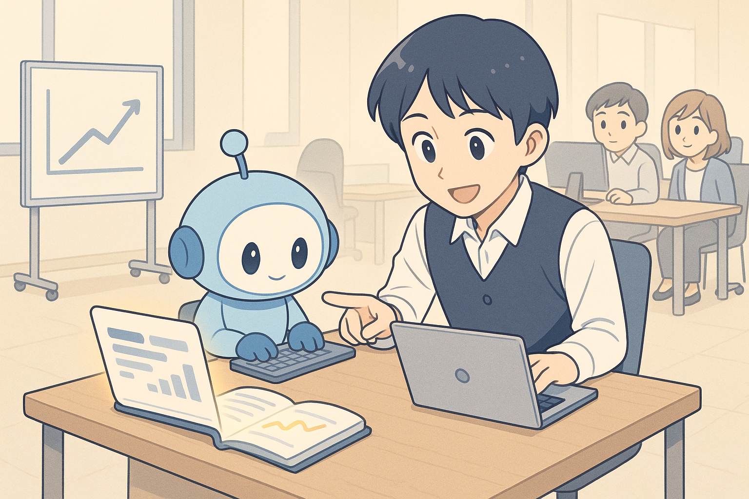 オフィスの1チームだけが、AIと一緒に1つの業務を進めているシーン。作業の記録が手元に残り、隣のチームからも様子が見える。全部署へ一気に広げようとはしていない