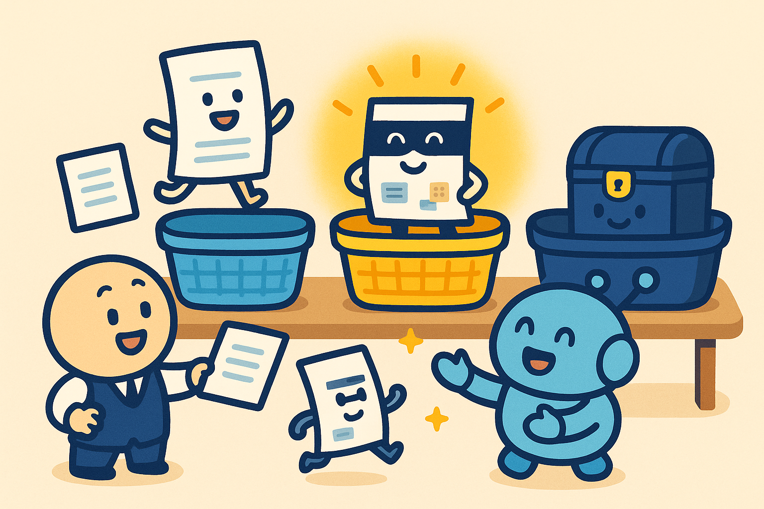 書類を3つのカゴに仕分けし、真ん中のカゴでは書類が目隠しの加工をされて渡せる状態になっているイラスト。