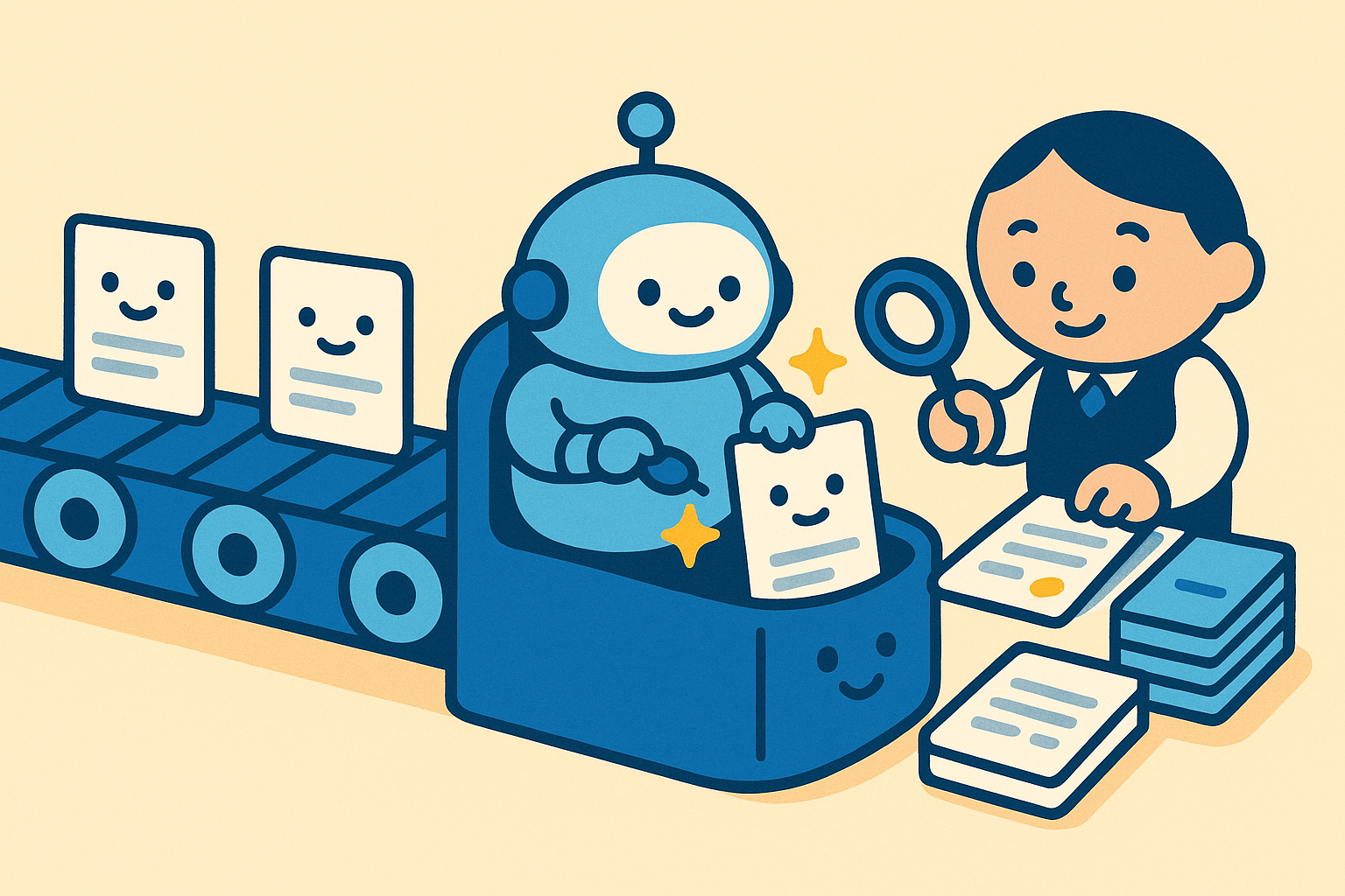 ベルトコンベアの中にAIロボットが組み込まれ、社員が最終確認を担当しているイラスト。