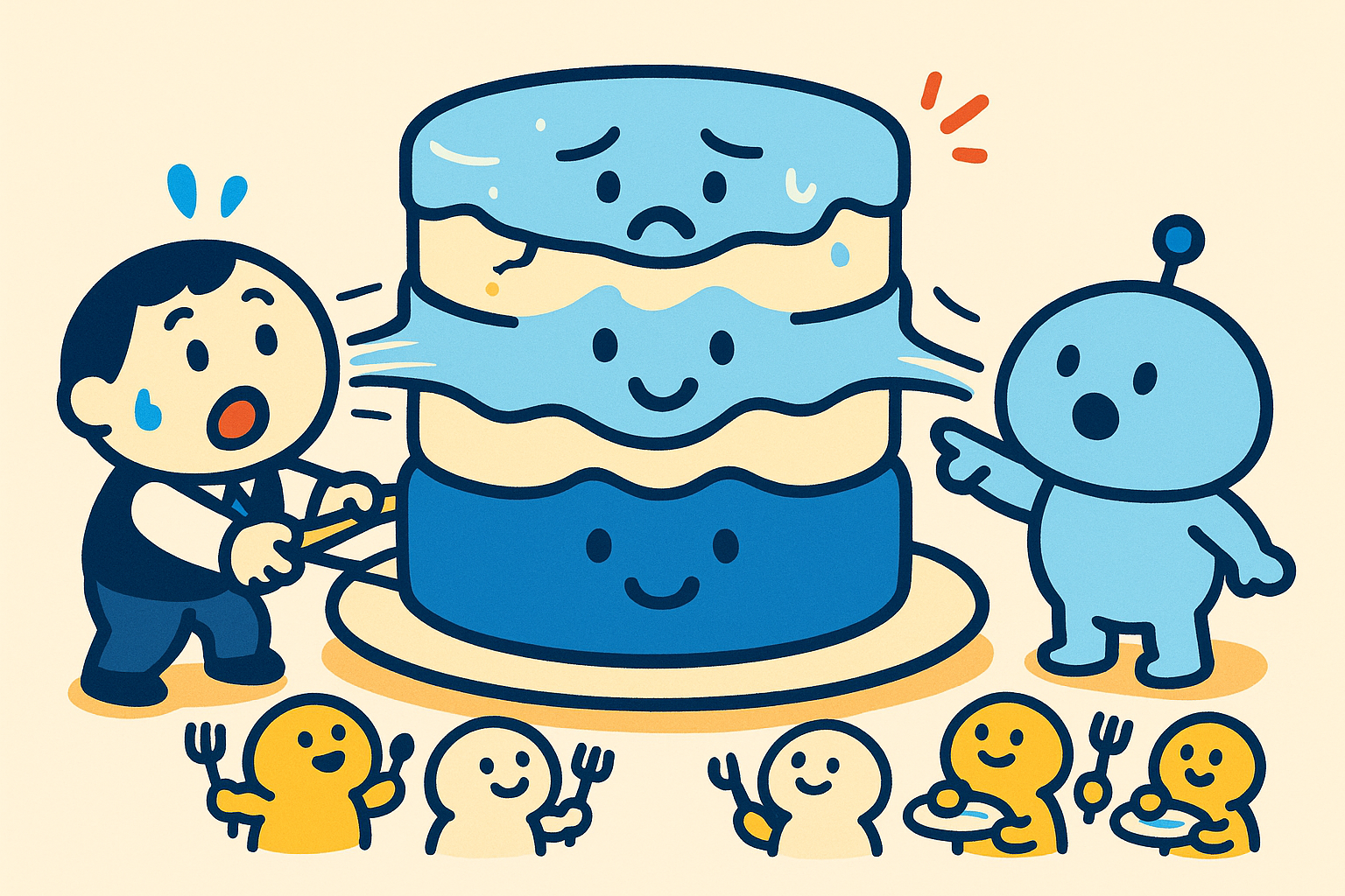 引き伸ばされた4層のケーキの上2層だけが薄く裂けているイラスト。