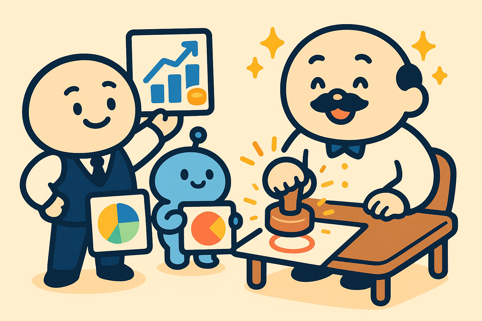図表で説明する社員とAIロボットに、上司が承認のスタンプを押しているイラスト。