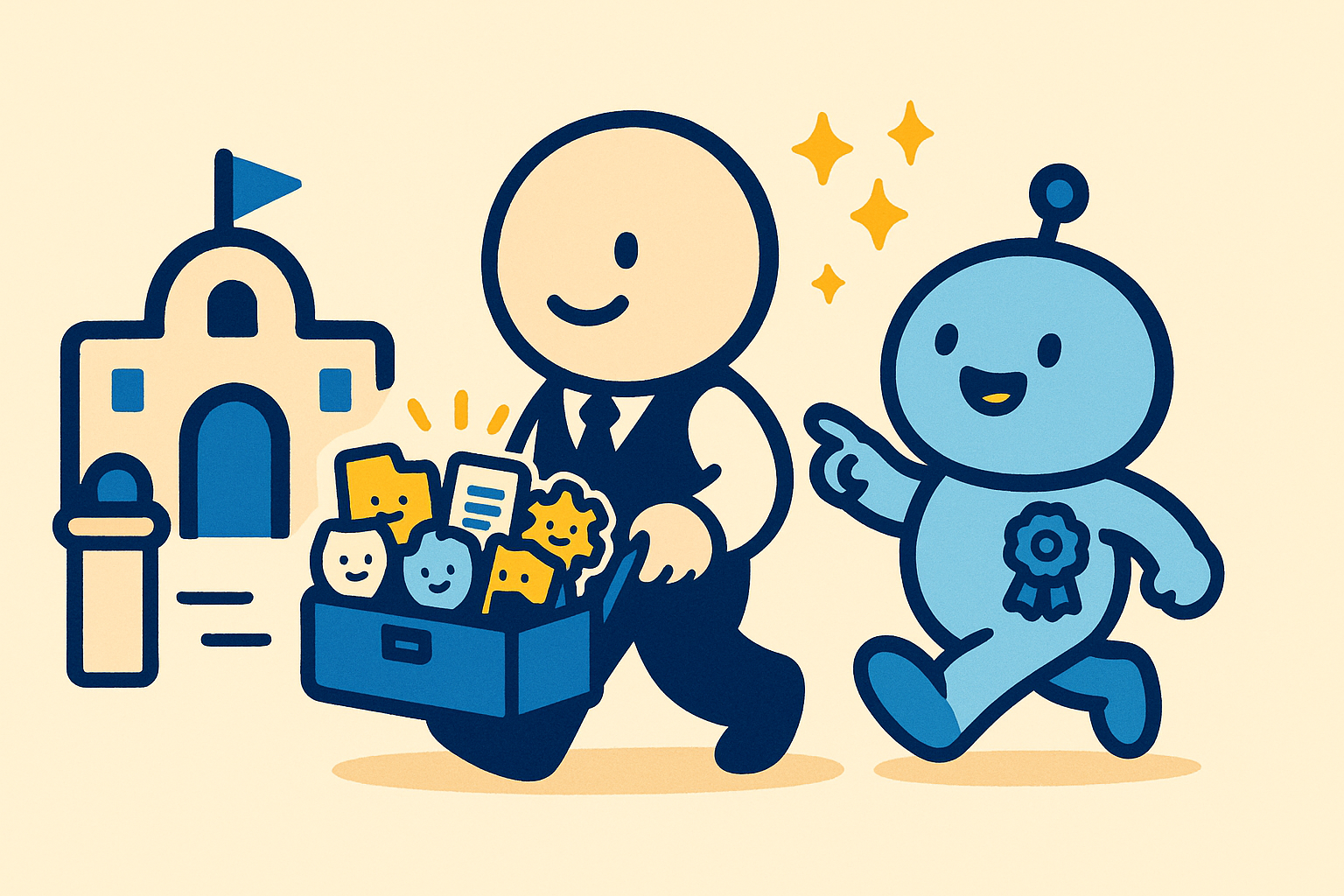研修の門を背に、持ち帰りの道具箱を持って歩き出す社員とAIロボットのイラスト。