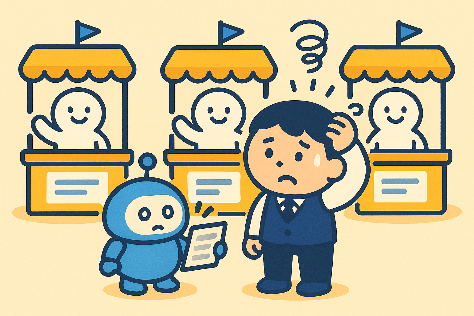 見た目がそっくりな3つの研修ブースの前で社員が迷っているイラスト。
