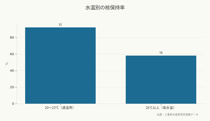 水温別の核保持率（出典：三重県水産研究所実験データ）