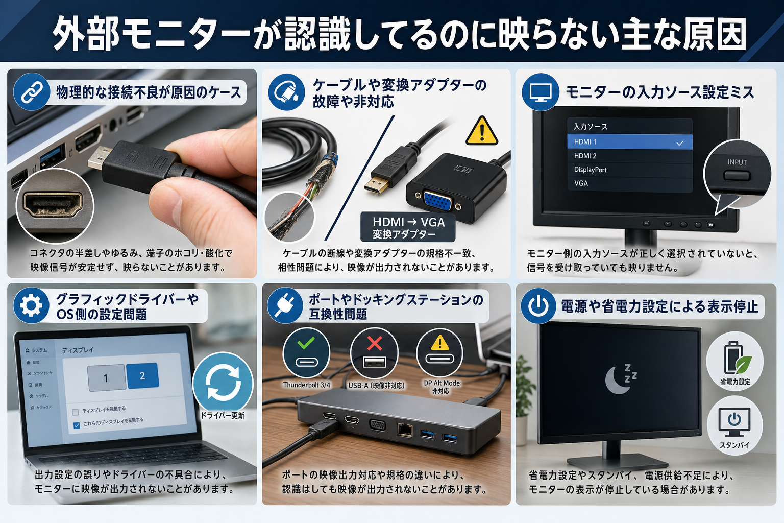 ノートパソコンと外部モニターの繋ぎ方は？端子の見分け方と映らない原因を徹底解説