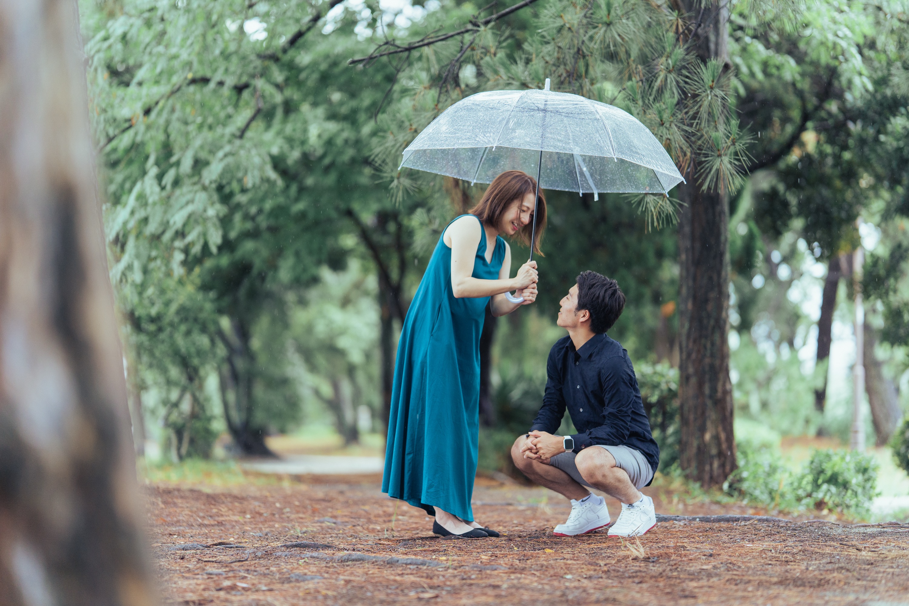 木立の中で傘を差し、しゃがんでお腹を見つめる旦那さん