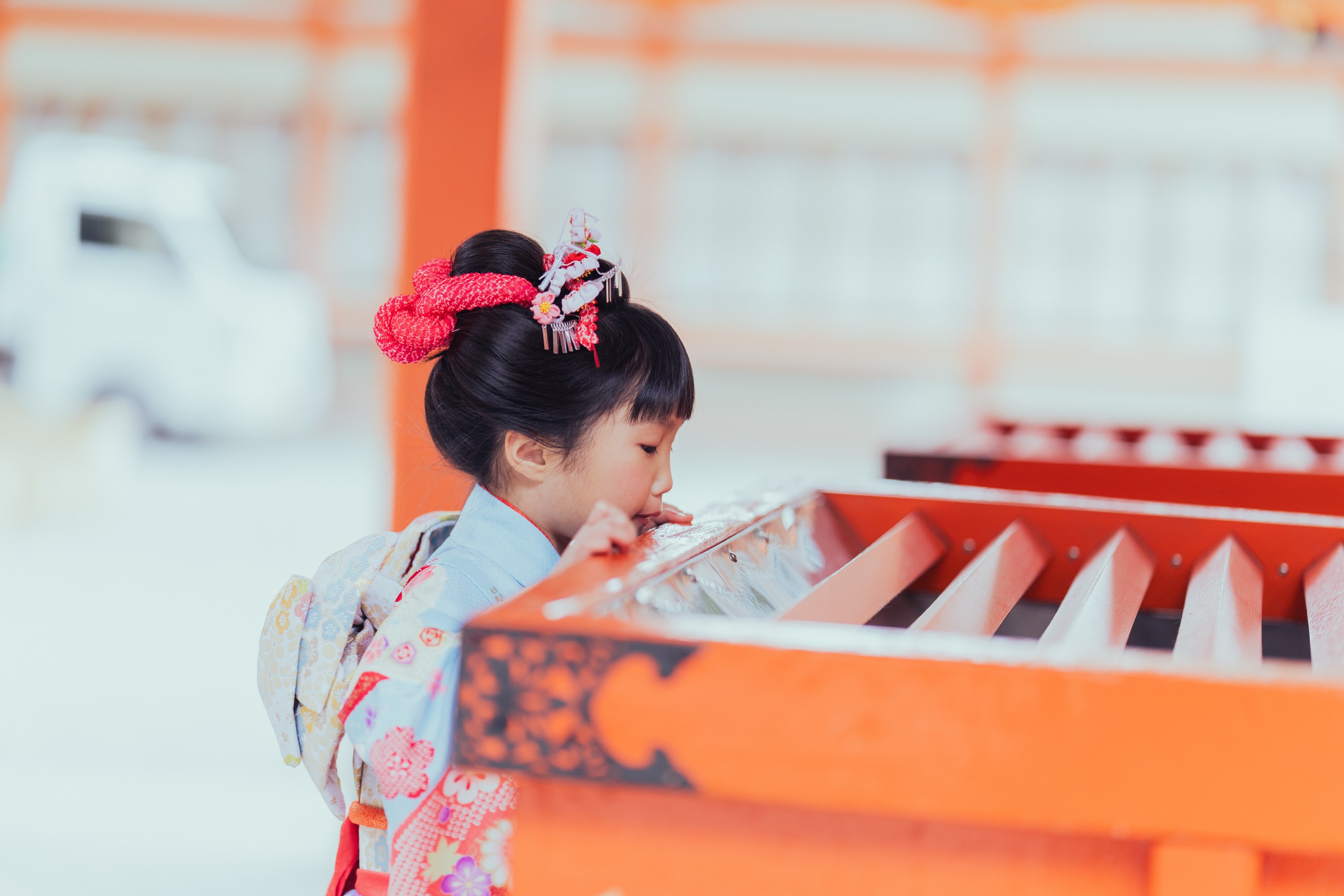水色の着物のお姉ちゃんがお賽銭箱を覗き込んでいる
