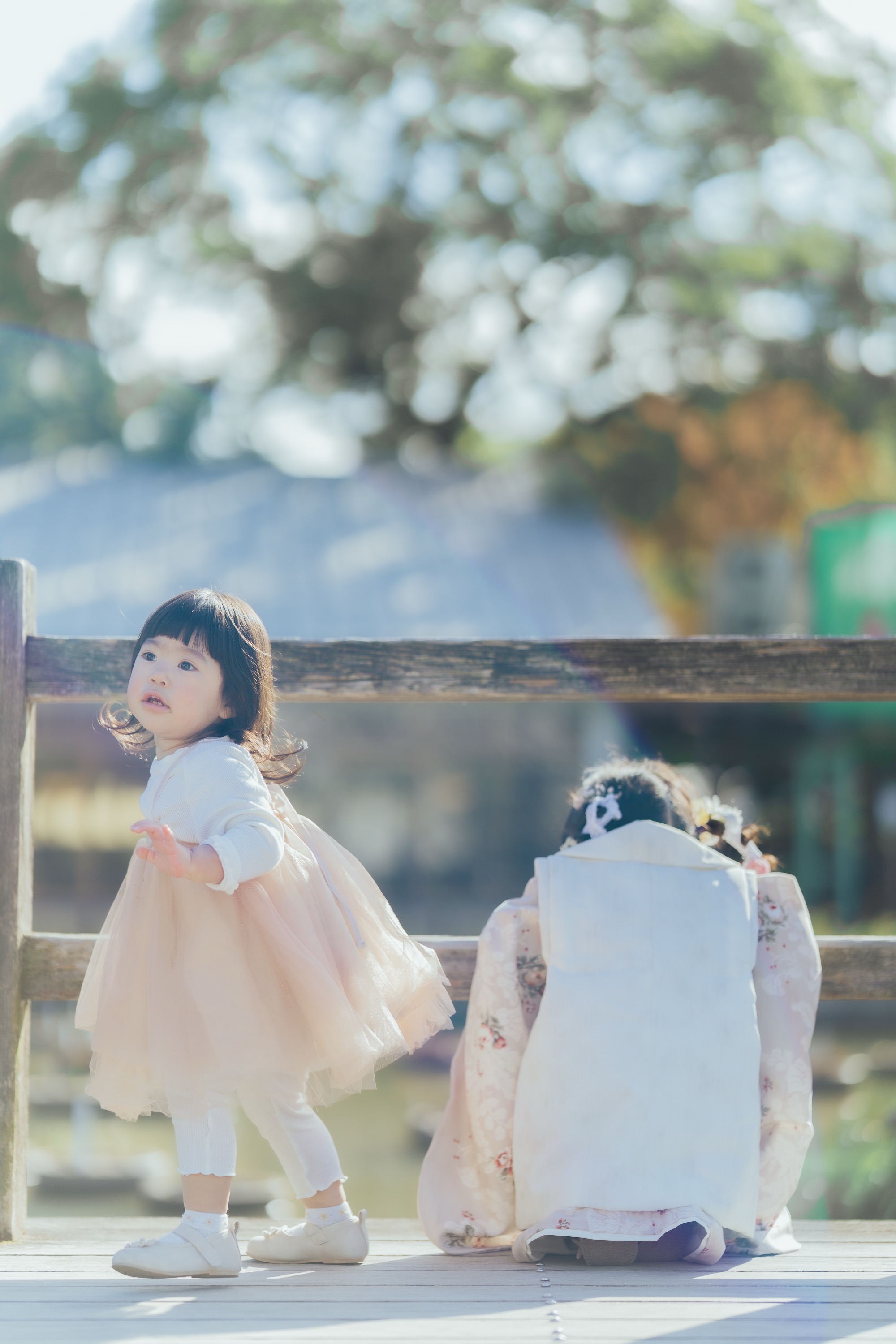 橋の上で妹と並んで遊ぶ姉妹