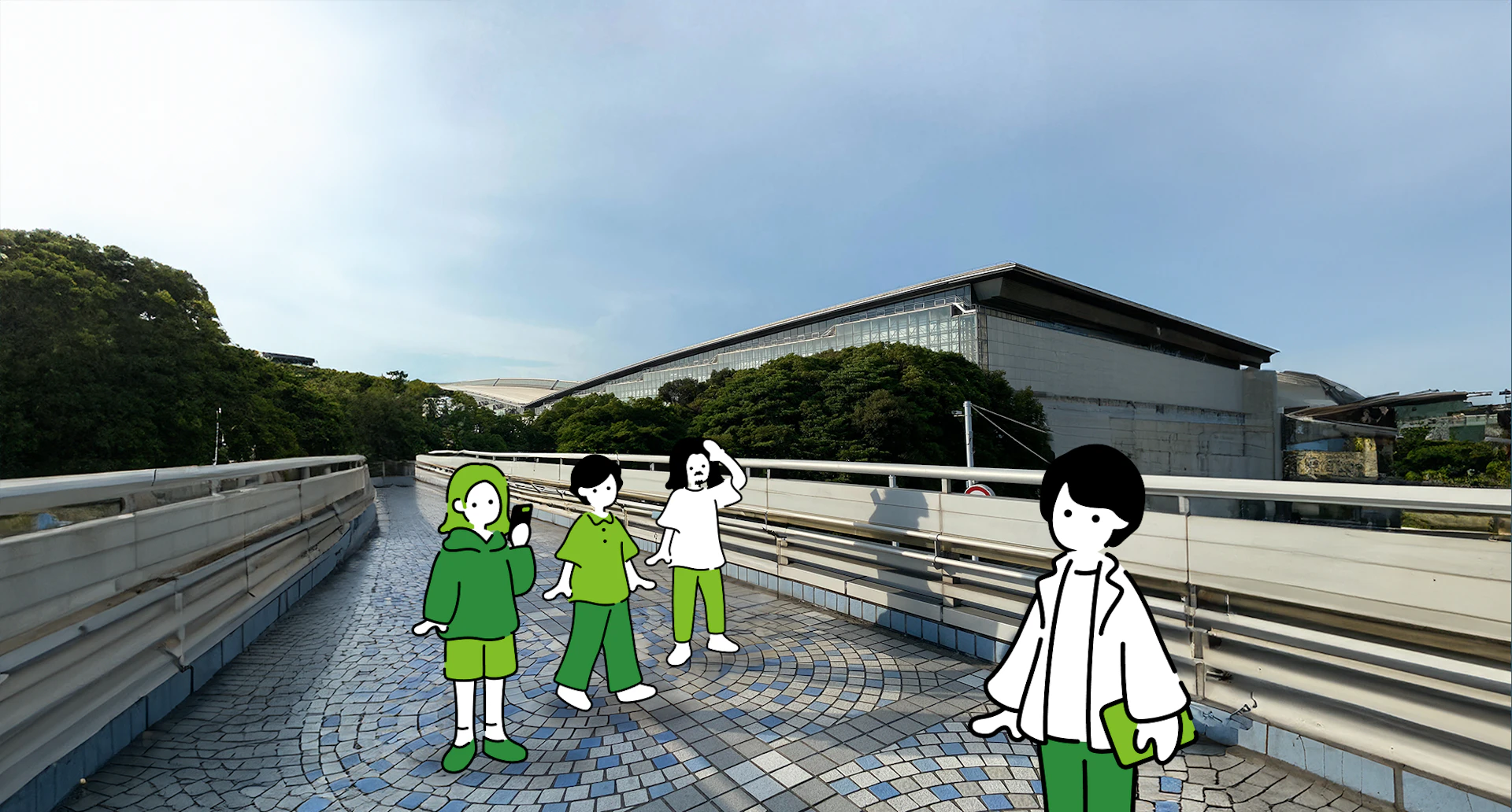 幕張メッセ前の歩道橋で記念写真を取るSpindleメンバーのイラスト