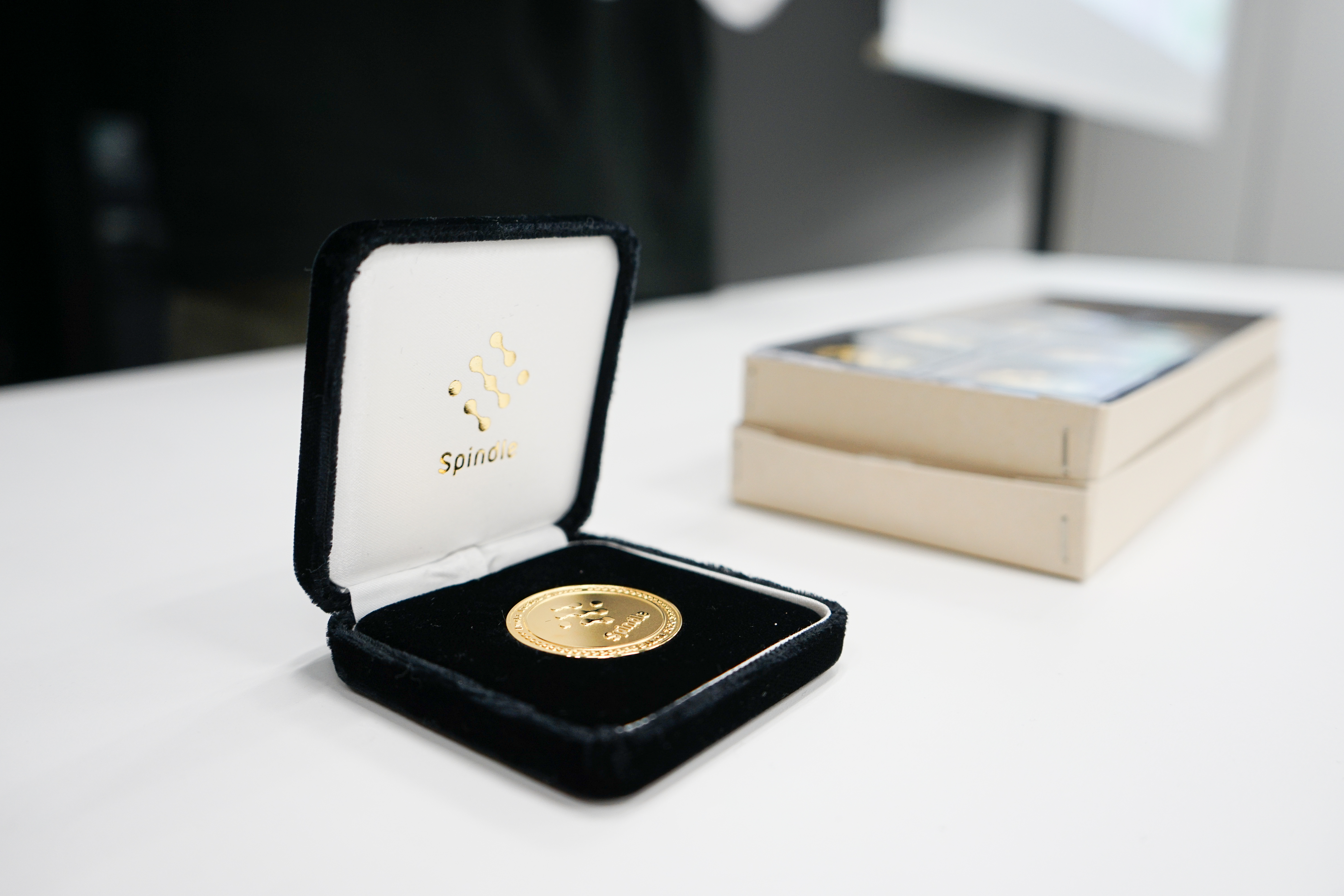 ケースに入っているSpindleコイン1つと手渡し用に準備されたSpindleコインが複数個